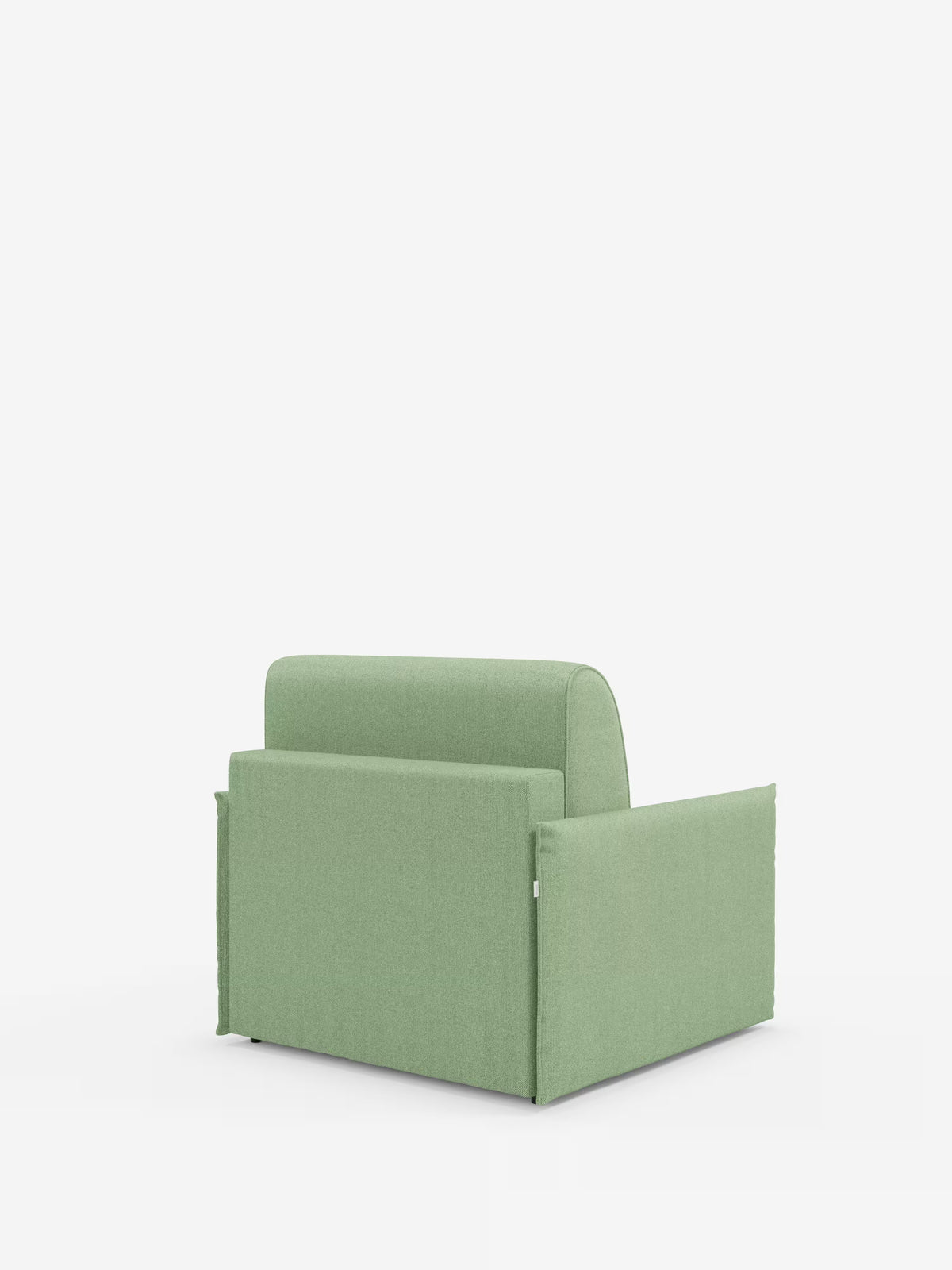 La poltrona letto compatta Evans con materasso di Divani.Store è raffigurata con rivestimento verde, vista da dietro e leggermente di profilo. La poltrona presenta un design moderno e minimalista caratterizzato da linee semplici e dritte, uno schienale basso e braccioli squadrati. Posizionata su uno sfondo bianco a tinta unita, la sua forma salvaspazio è perfetta per gli spazi ridotti e include un materasso sfoderabile in tessuto smacchiabile T23 da 70 x 197 cm per una maggiore versatilità.