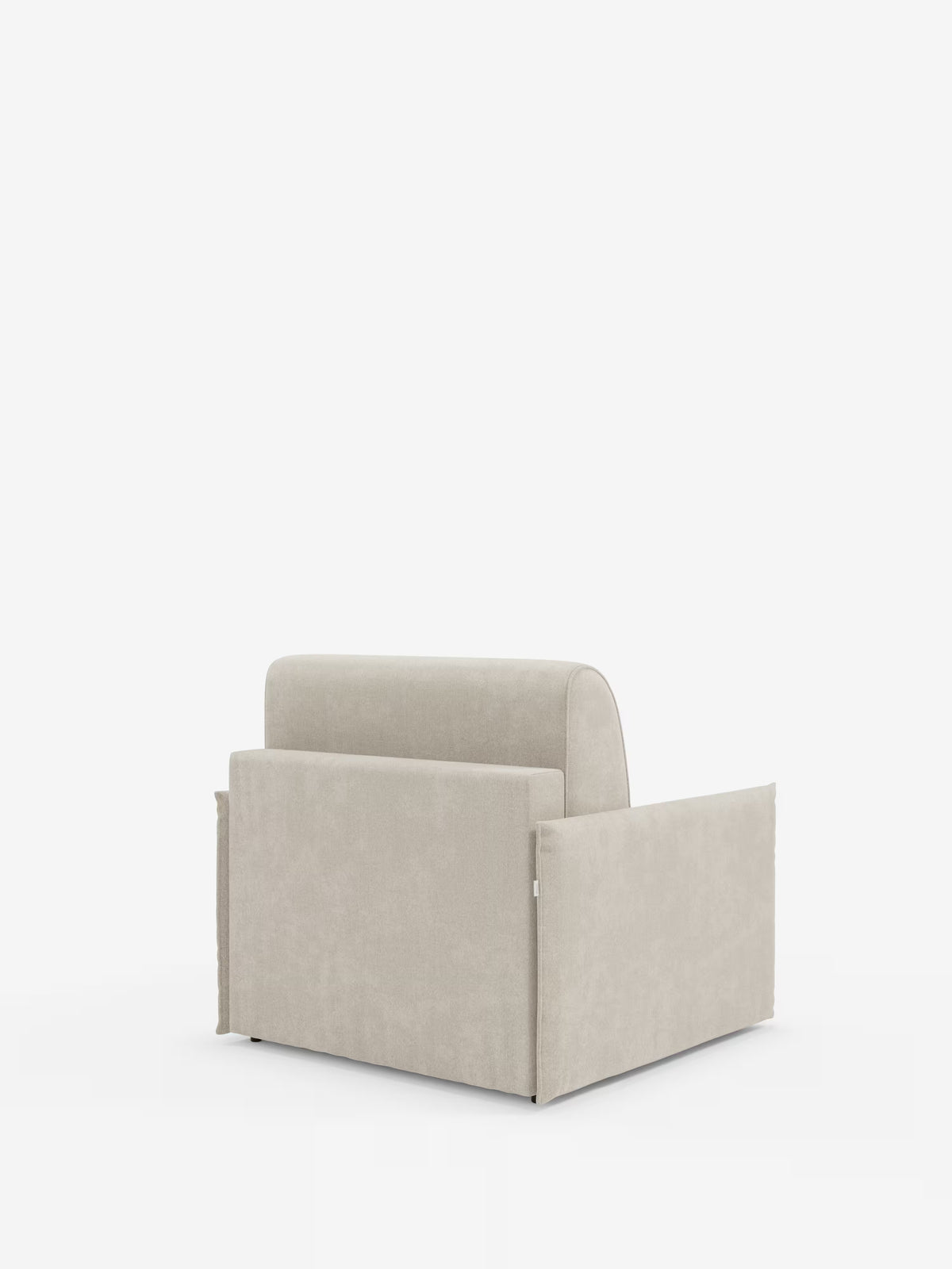 Una poltrona letto compatta Evans color beige chiaro con materasso, firmata Divani.Store, è ritratta di schiena, con un pannello laterale e quello frontale parzialmente aperti per rivelarne la forma squadrata e il rivestimento in tessuto testurizzato e sfoderabile (smacchiabile T23) su uno sfondo bianco a tinta unita. Questa versatile poltrona offre una comoda seduta durante il giorno e si trasforma facilmente in un pratico letto singolo: una soluzione salvaspazio ideale per qualsiasi casa.