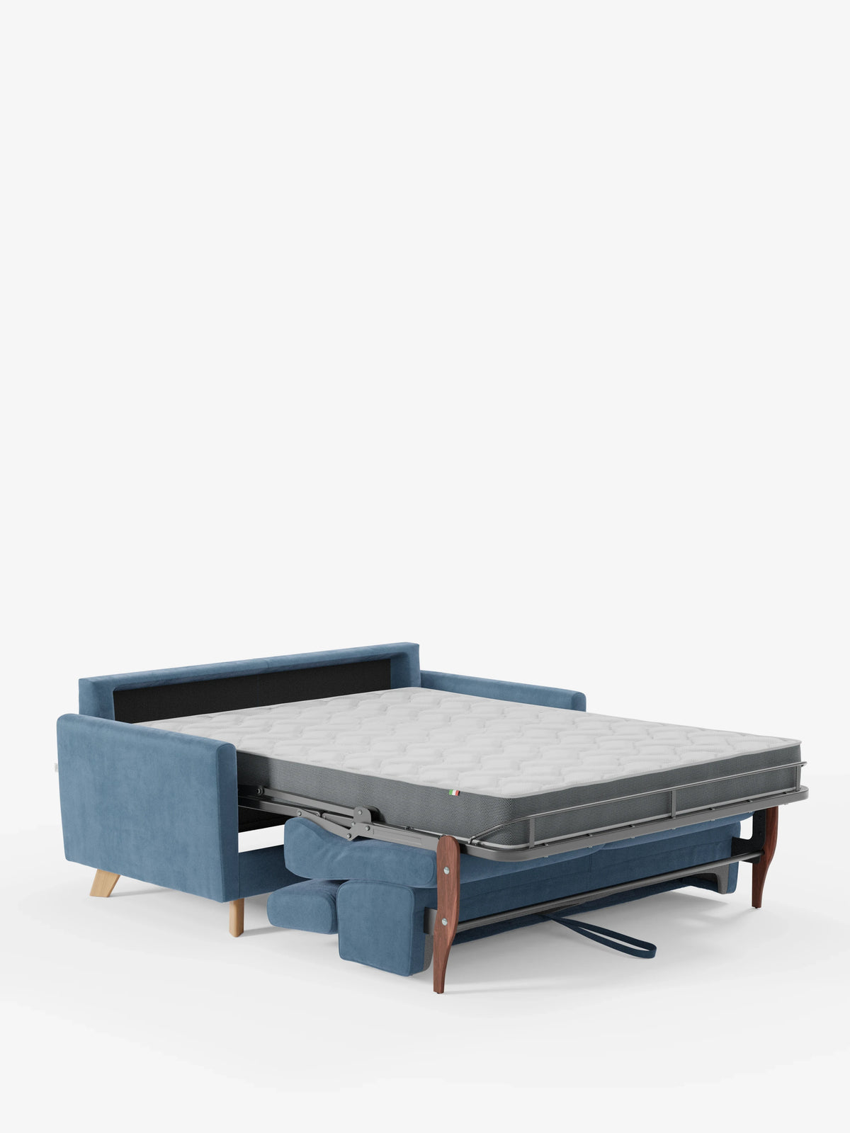 Il divano letto Francy con poggiatesta regolabili di Divani.Store è presentato completamente aperto, con un elegante rivestimento blu in tessuto smacchiabile T30, gambe in legno, un materasso spesso di colore grigio chiaro e una barra di sostegno ripiegata nella parte inferiore, il tutto su uno sfondo bianco a tinta unita.