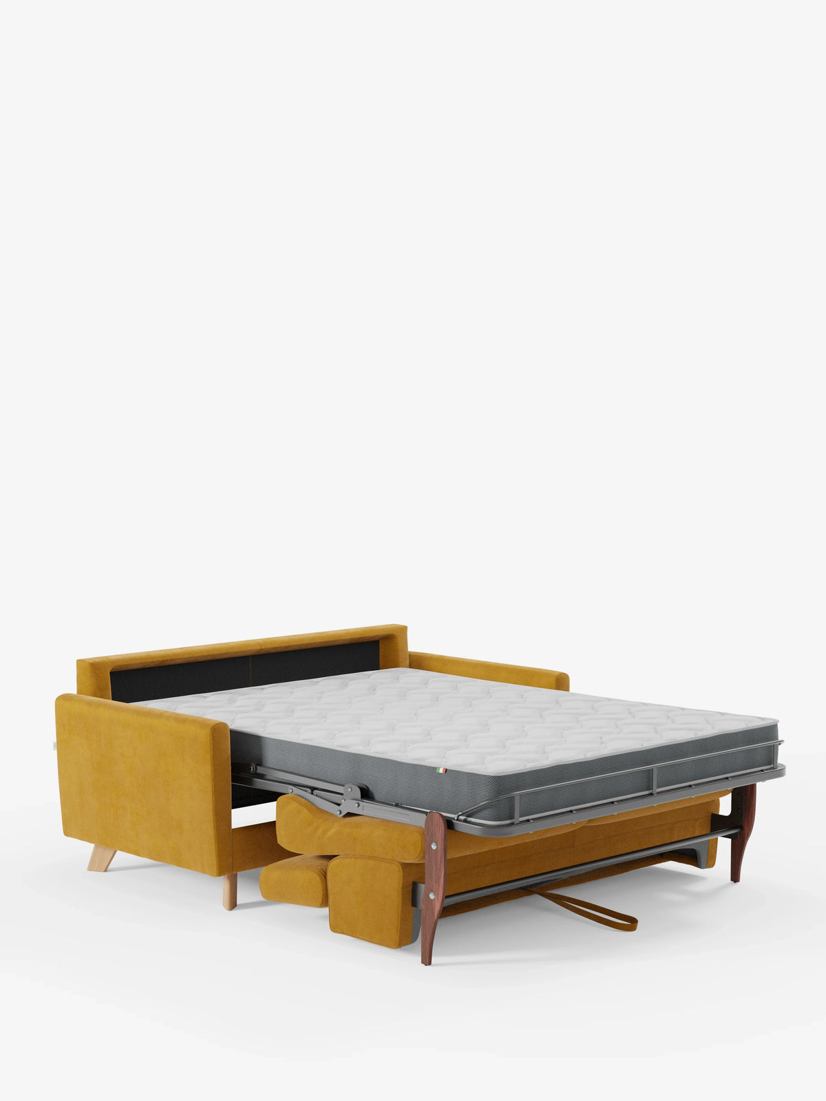 Un divano letto Francy con poggiatesta regolabili di Divani.Store, rivestito con l’elegante tessuto T30 resistente alle macchie e dotato di fodere completamente sfoderabili, è qui raffigurato nella versione estesa a letto. Il divano color giallo senape presenta gambe in legno, un materasso grigio a vista e un cuscino coordinato ai piedi del divano. Sullo sfondo bianco a tinta unita, risalta il design moderno di questo divano letto.