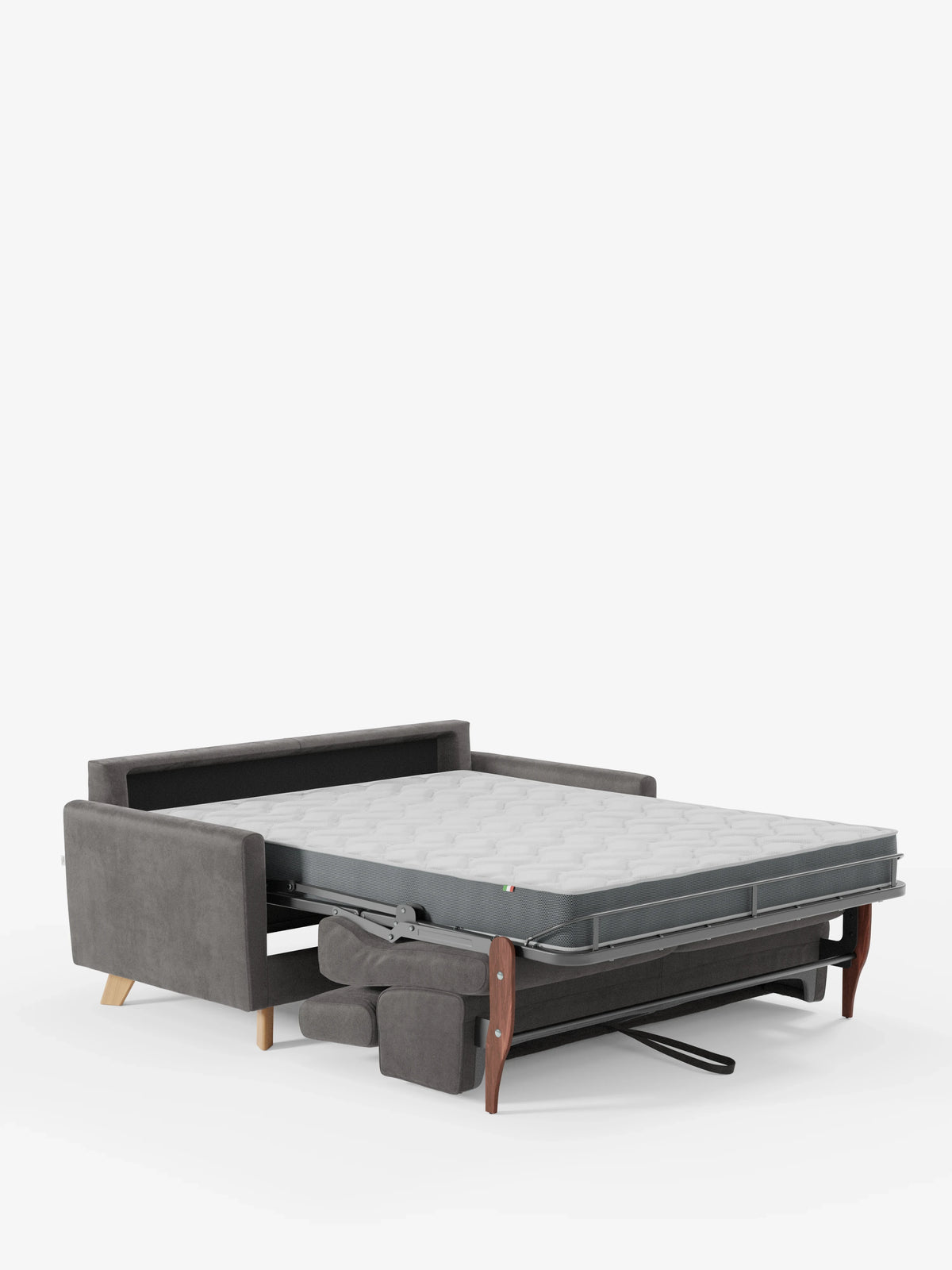 Un divano letto Francy con poggiatesta regolabili di Divani.Store, rivestito in elegante tessuto T30 resistente alle macchie e dotato di fodere completamente sfoderabili, è raffigurato completamente aperto, con il materasso spesso e trapuntato e la struttura di supporto in legno ben visibili. Un pouf grigio abbinato è posizionato ai piedi del letto aperto. Lo sfondo è bianco.