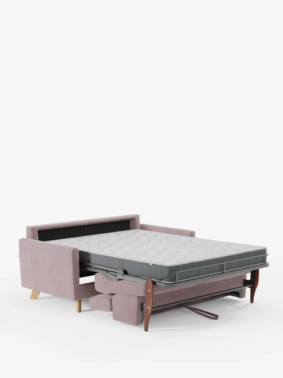 Il divano letto Francy con poggiatesta regolabili di Divani.Store è raffigurato aperto in modalità letto, mostrando il suo materasso grigio e spesso. Questo divano moderno presenta gambe e braccioli in legno, un design pulito e minimalista ed è rivestito con un elegante tessuto T30 resistente alle macchie, completamente sfoderabile. La scena è ambientata su uno sfondo bianco a tinta unita.