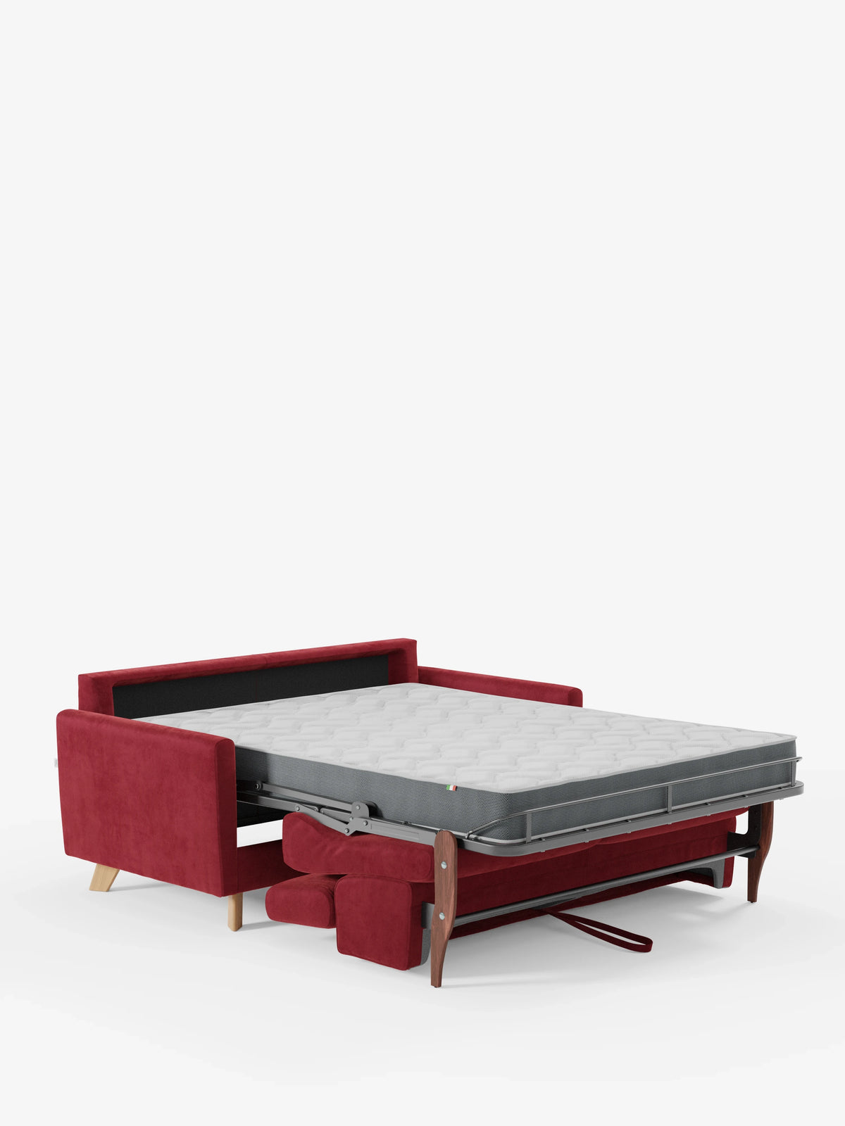 Il divano letto Francy con poggiatesta regolabili di Divani.Store è presentato nella versione aperta a letto, con un materasso grigio chiaro che sporge verso l’esterno. Realizzato con gambe e braccioli in legno, questo divano, sfoderabile al 100%, è rivestito in elegante tessuto T30 resistente alle macchie. Lo sfondo bianco a tinta unita mette in risalto il design e la funzionalità del mobile.