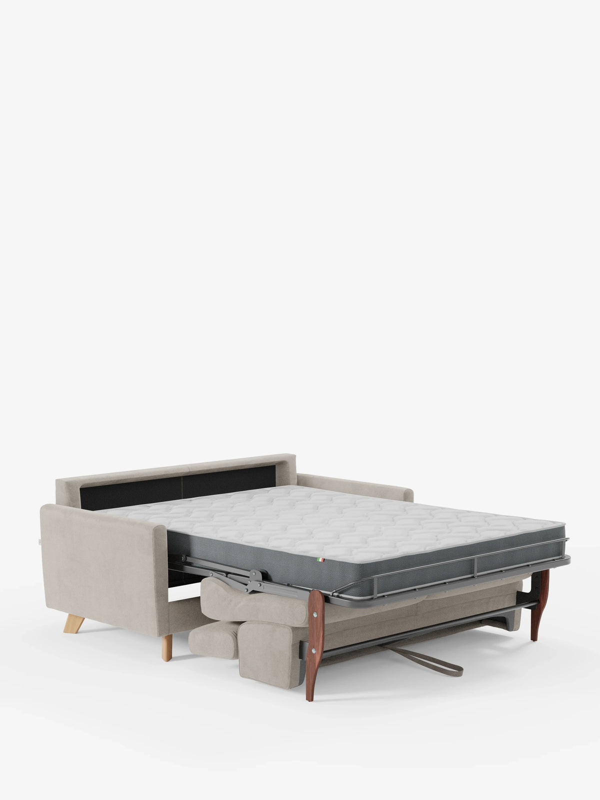 Il divano letto Francy con poggiatesta regolabili di Divani.Store è raffigurato completamente aperto, mettendo in risalto il suo materasso grigio di notevole spessore, sostenuto da una combinazione di gambe in legno e metallo. Il suo elegante rivestimento in tessuto beige smacchiabile T30, insieme allo schienale e ai braccioli a vista, risalta sullo sfondo bianco. Il divano è inoltre sfoderabile al 100% per una facile pulizia.