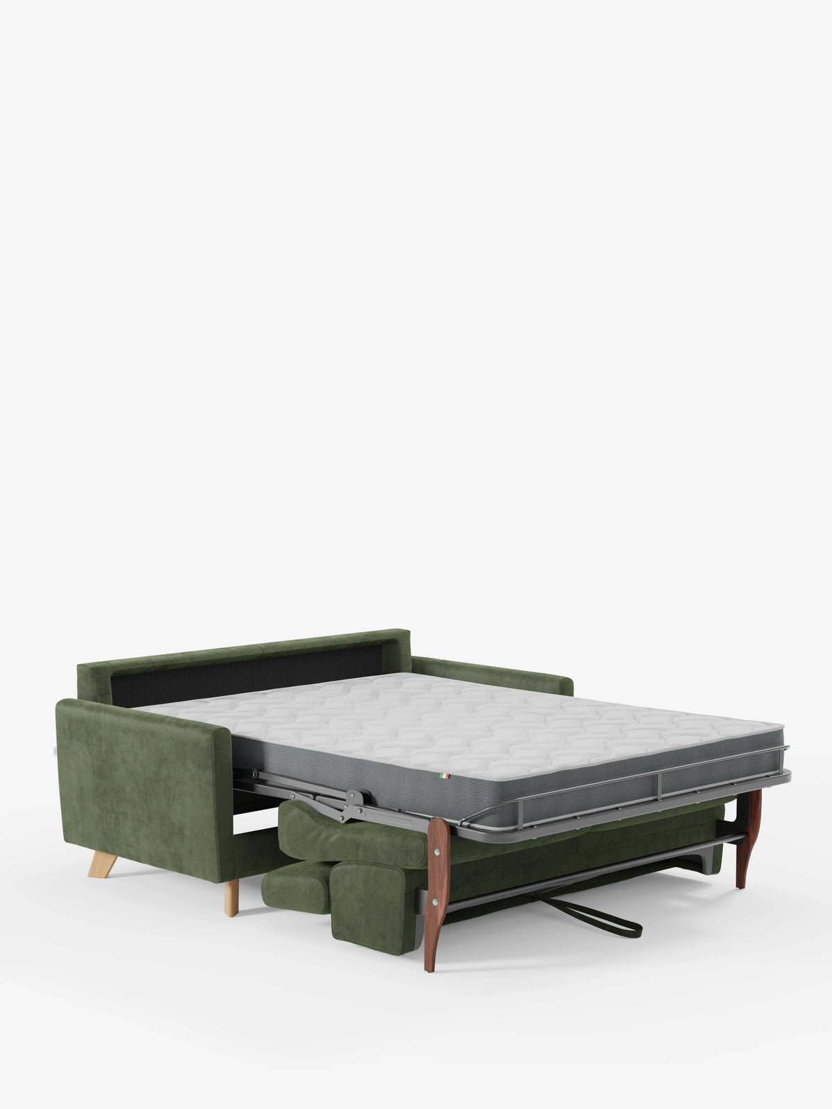 Un divano letto Francy verde con poggiatesta regolabili di Divani.Store è esposto con il letto estraibile completamente aperto, rivelando un pratico materasso grigio ideale sia per sedersi che per dormire. Il divano a tre posti è rivestito con un elegante tessuto T30 antimacchia, sfoderabile al 100% per facilitare la pulizia. Le gambe in legno sostengono la struttura, con una gamba che appare più corta delle altre. Sullo sfondo bianco, il divano Francy mette in risalto la sua estetica raffinata e al tempo