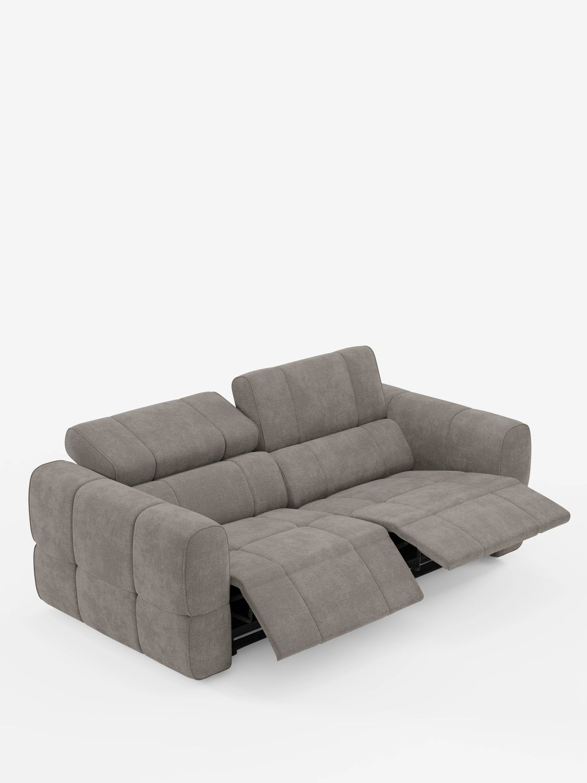 Divano modulare Giotto a 3 posti, con poggiatesta reclinabili e funzione relax elettrica opzionale, in tessuto smacchiabile T23: un divano a tre posti color taupe con texture, dotato di un poggiatesta rialzato e due sedute estese in posizione reclinata su uno sfondo bianco.