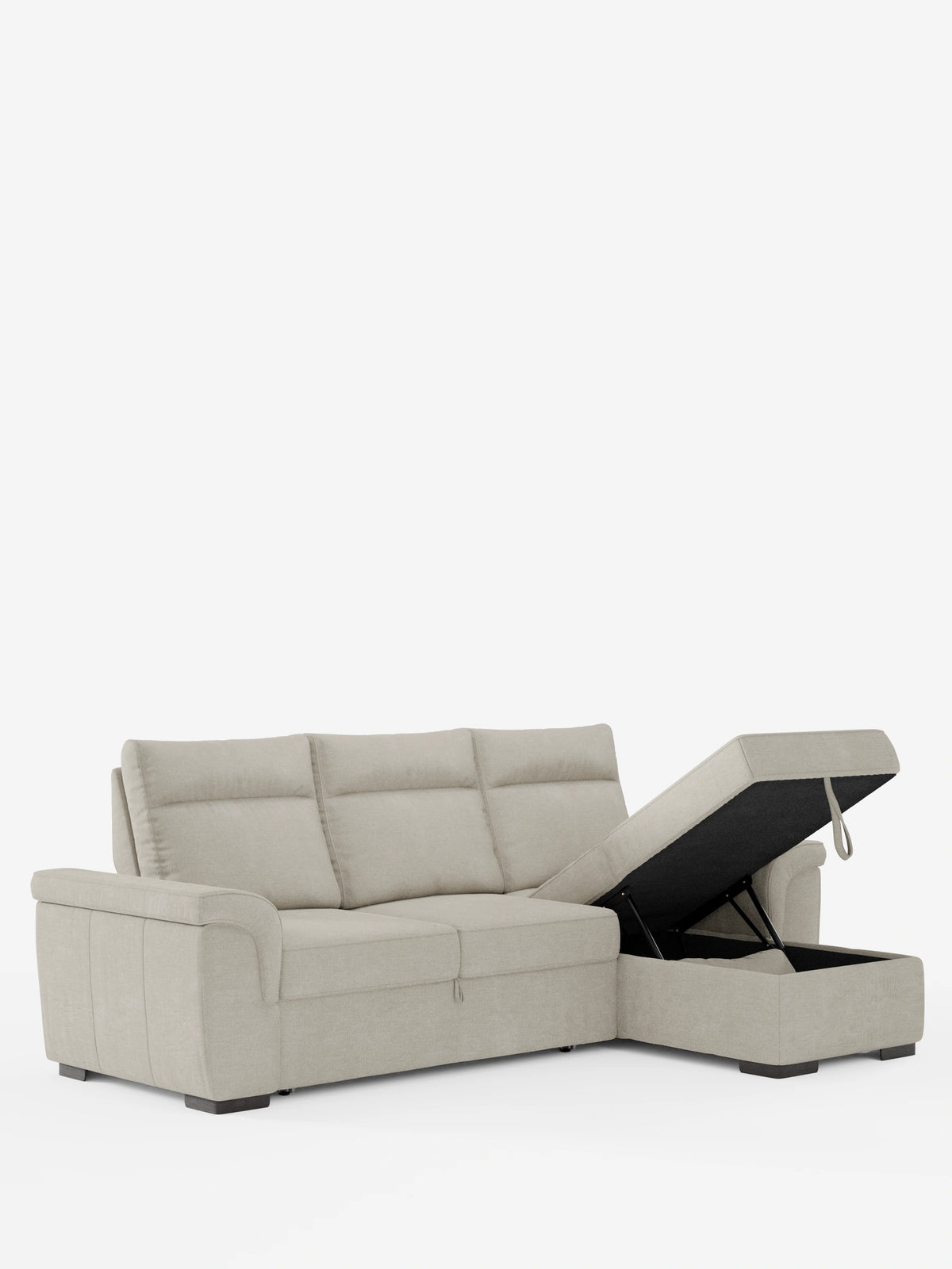 Divano letto angolare Ischia a forma di L, color beige, con schienali scorrevoli, elemento estraibile e penisola contenitore in tessuto antimacchia misto lino, caratterizzato da una finitura testurizzata, tre cuscini dello schienale e un design minimalista su sfondo bianco.