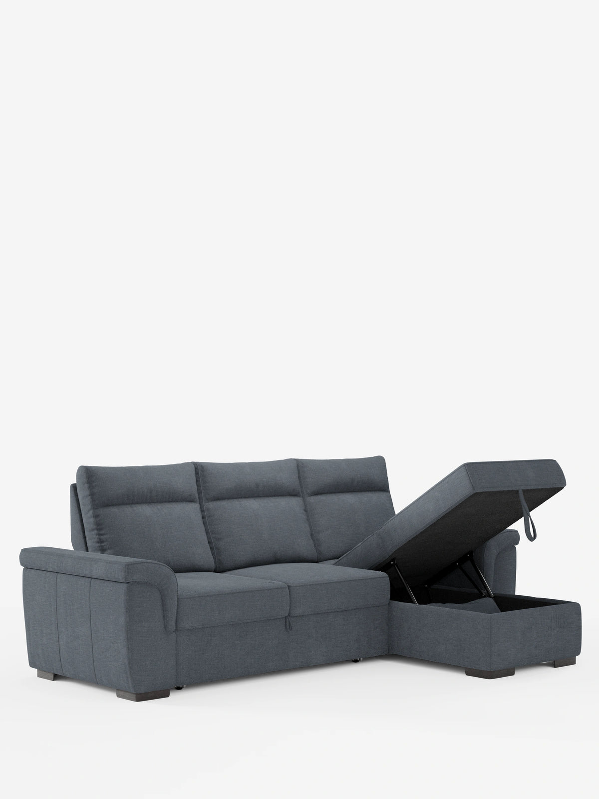Il divano letto angolare Ischia con schienali scorrevoli, elemento estraibile e penisola contenitore in tessuto smacchiabile misto lino è un divano componibile a L color grigio antracite, dotato di chaise longue con vano portaoggetti aperto, tre cuscini e tessuto testurizzato.