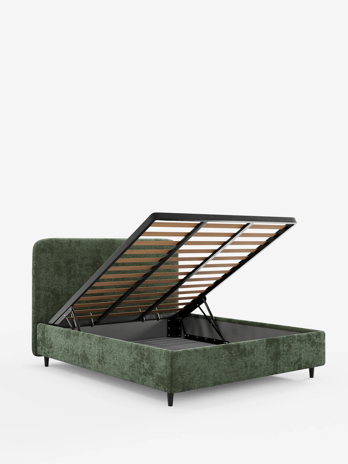 Il letto KAELOS minimal imbottito – con vano contenitore, gambe alte e testiera arrotondata in tessuto ciniglia – presenta una testiera arrotondata in ciniglia verde oliva, sottili gambe nere e una base a doghe sollevabile che rivela un ampio vano contenitore interno.