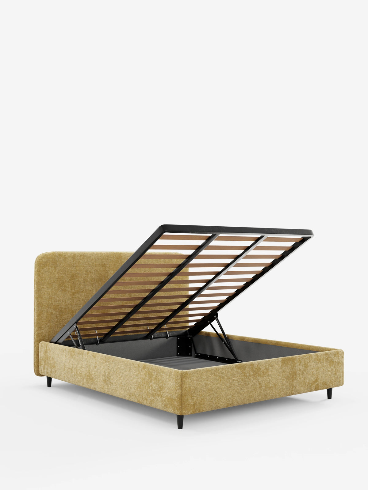 Il letto KAELOS minimal imbottito - con vano contenitore, gambe alte e testiera arrotondata in tessuto ciniglia è un letto imbottito beige con testiera arrotondata e gambe alte nere, qui raffigurato con il vano contenitore a molla a gas aperto.