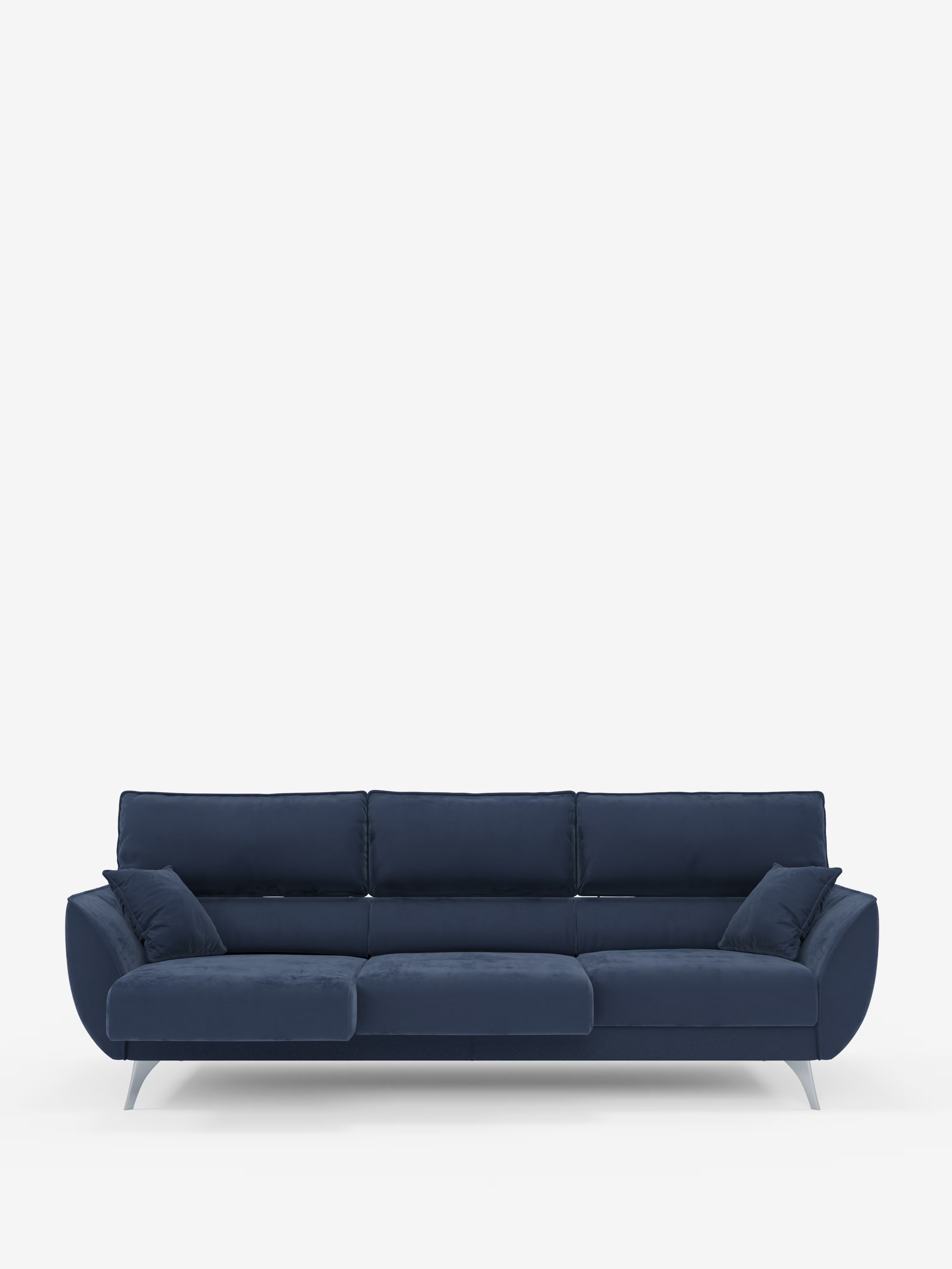 Il divano Michelangelo 4 Posti di Divani.Store è un divano contemporaneo di colore blu scuro, rivestito in un elegante tessuto T30 effetto velluto resistente alle macchie. Caratterizzato da morbidi cuscini, braccioli angolati e slanciate gambe corte color argento, questo divano a quattro posti è dotato di tre sedute estensibili e poggiatesta reclinabili per un comfort ancora maggiore. Sullo sfondo di un bianco candido, la sua silhouette moderna e il suo colore intenso risaltano magnificamente.