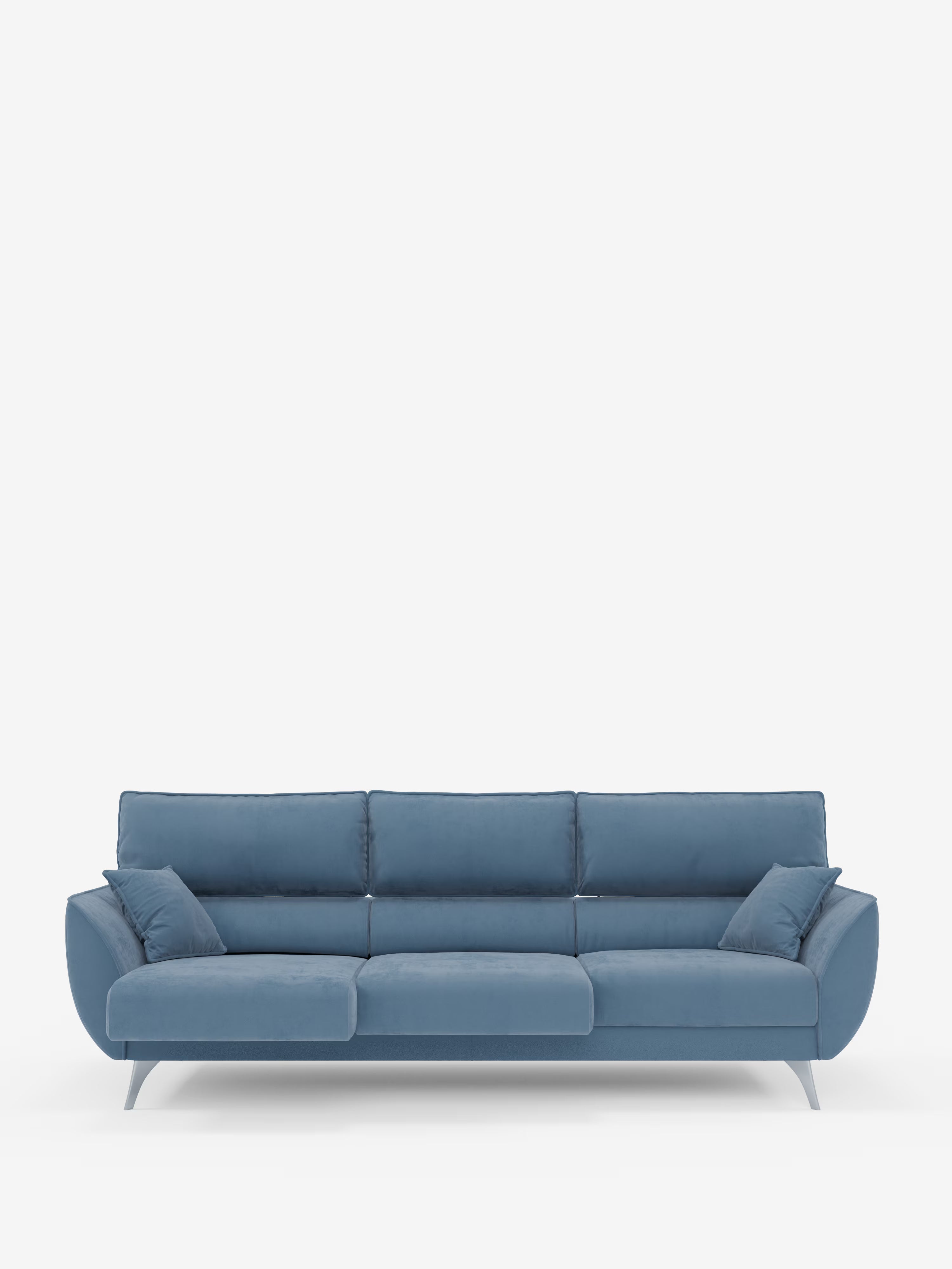 Il divano Michelangelo 4 Posti di Divani.Store è un divano contemporaneo blu con tre sedute estensibili e poggiatesta reclinabili, rivestito in elegante velluto T30 resistente alle macchie. Perfetto per i soggiorni moderni (soggiorni contemporanei), è dotato di quattro cuscini coordinati, braccioli angolati e sottili gambe in metallo affusolate, il tutto messo in risalto da uno sfondo bianco a tinta unita.