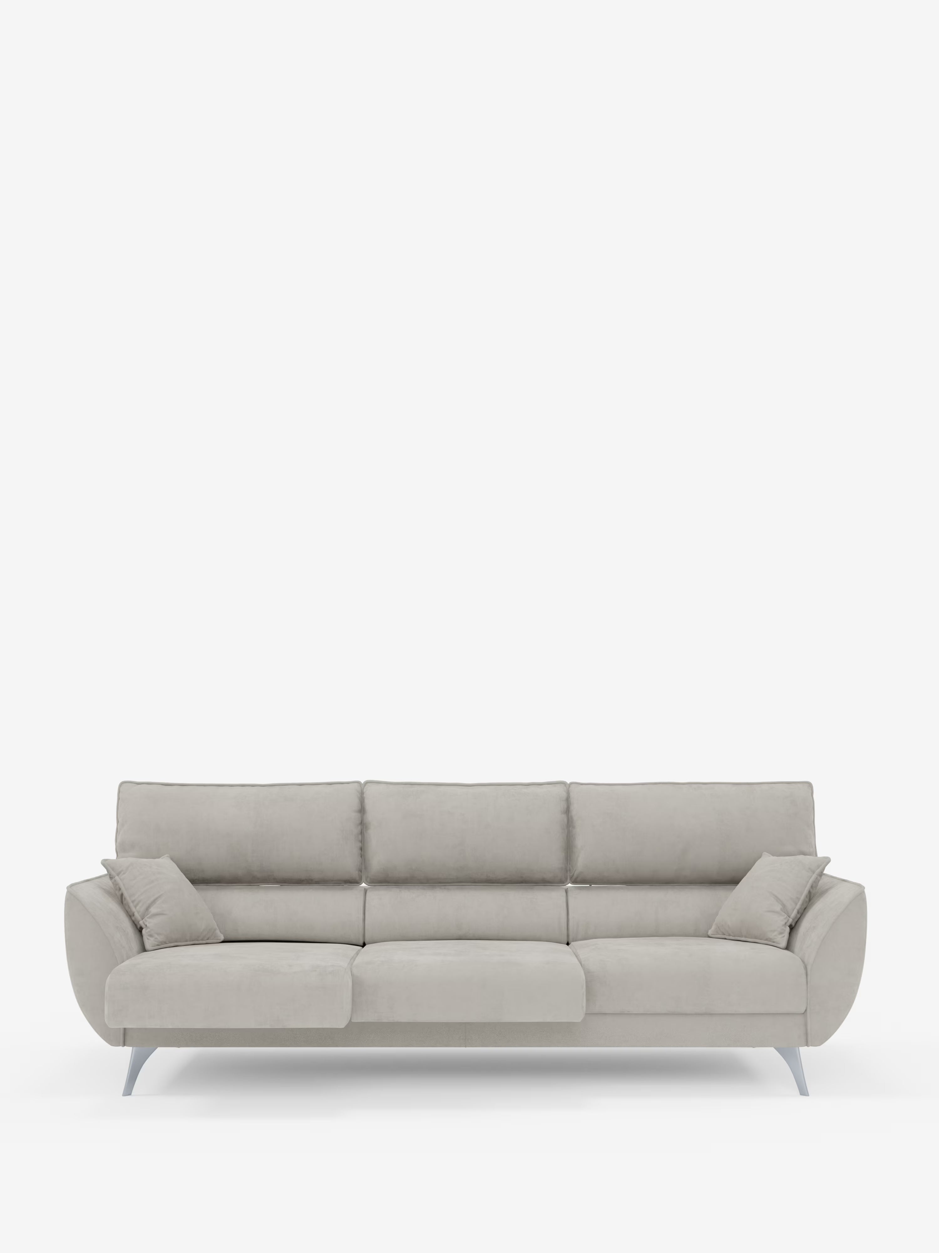 Il divano Michelangelo 4 Posti di Divani.Store è un divano moderno a quattro posti di colore grigio chiaro, dotato di tre sedute estensibili e poggiatesta regolabili, il tutto rivestito in elegante tessuto Vellutino T30 resistente alle macchie. Le sue linee pulite, i braccioli angolati, le sottili gambe metalliche, i morbidi cuscini e i due cuscini decorativi abbinati creano un look contemporaneo, che risalta su uno sfondo bianco a tinta unita.