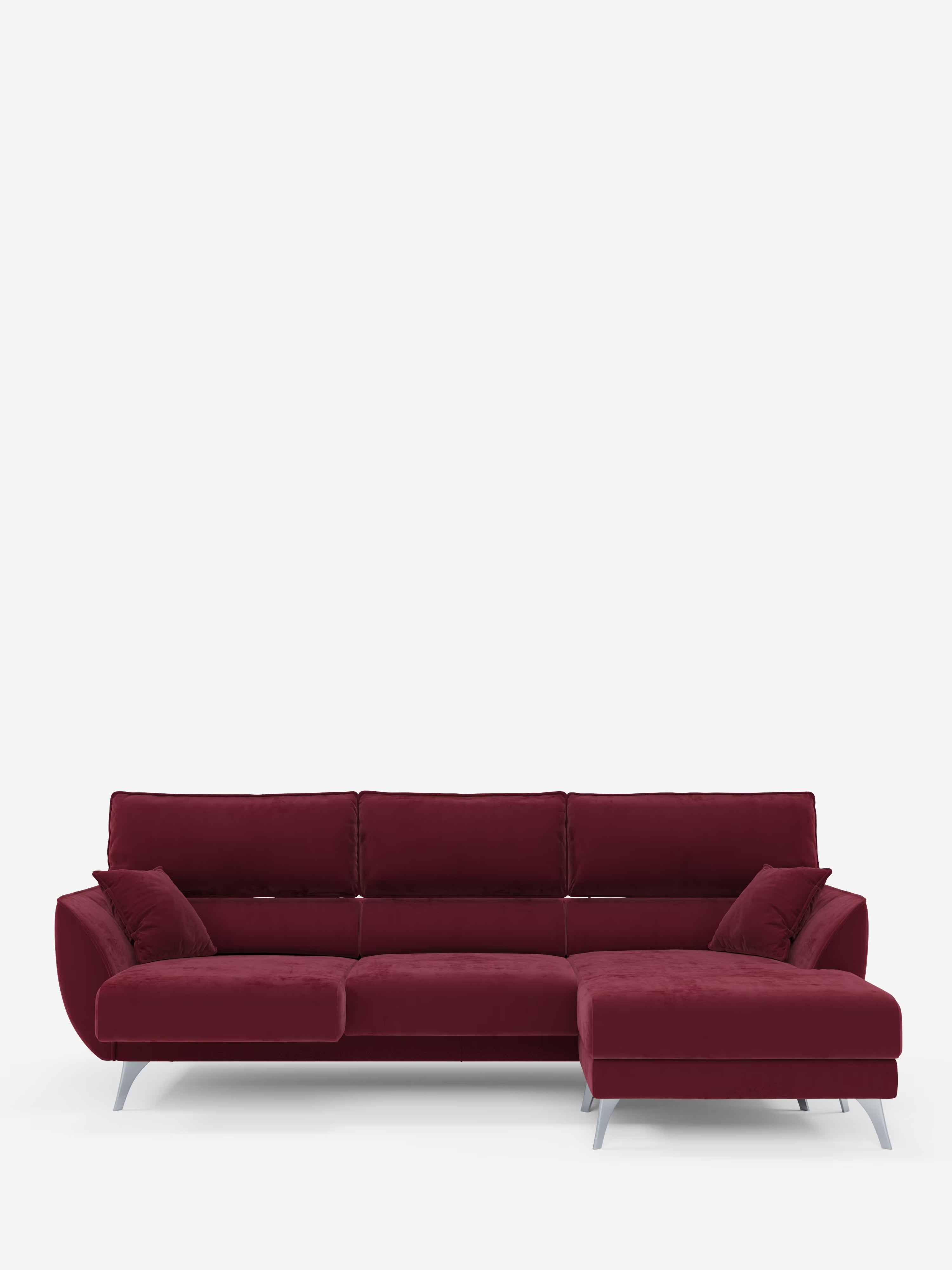 Il divano angolare Michelangelo con penisola e sedute estensibili di Divani.Store è dotato di tre cuscini di seduta, una chaise longue sul lato destro, due cuscini laterali e sottili gambe in metallo argentato. Rivestito con un elegante tessuto T30 color bordeaux, smacchiabile ed effetto vellutino, e dotato di poggiatesta reclinabili, questo divano moderno risalta su uno sfondo bianco a tinta unita.