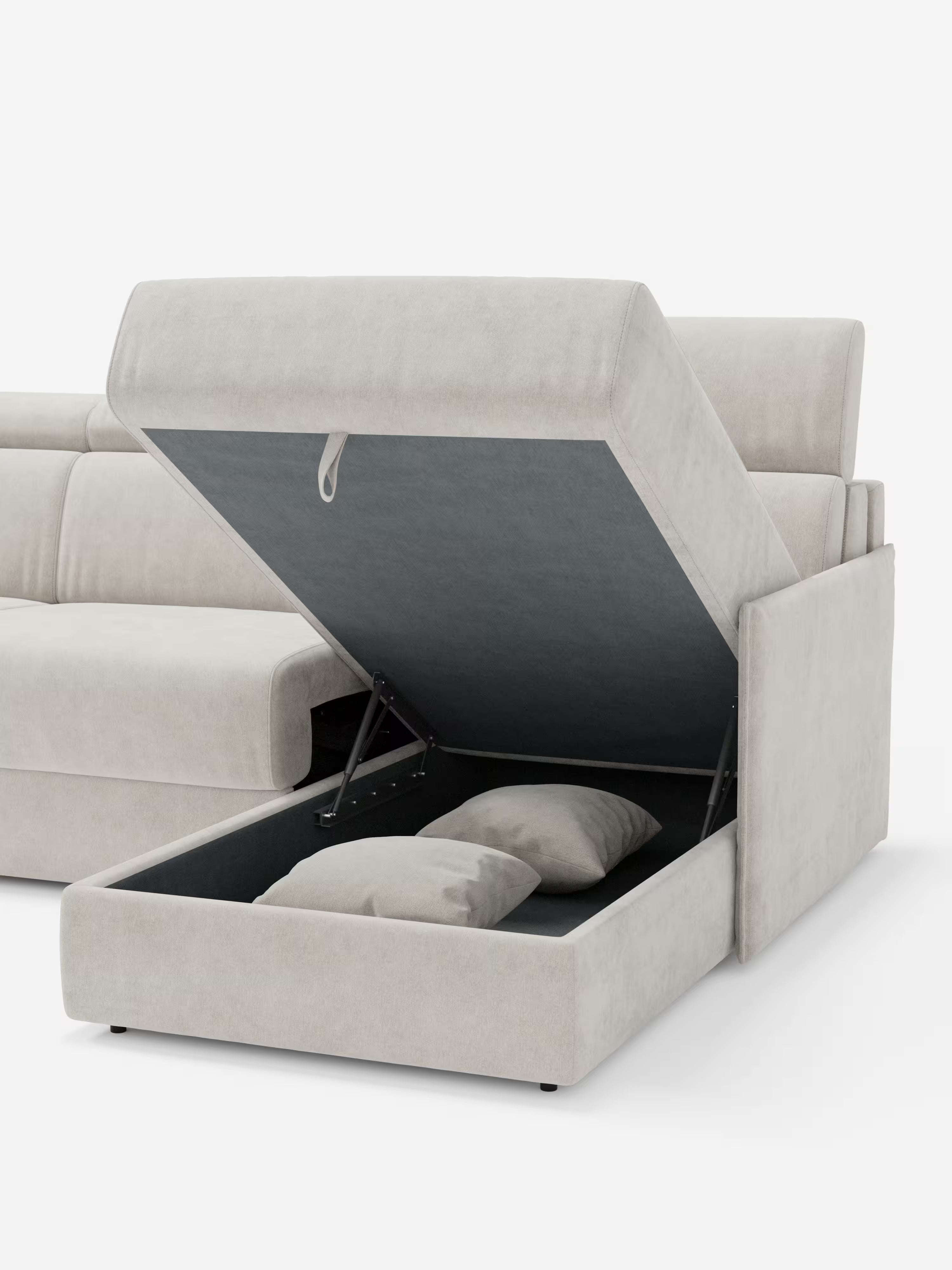 Miryam sofá cama esquinero compacto - reposacabezas reclinables y chaise longue con almacenaje en tejido antimanchas T31