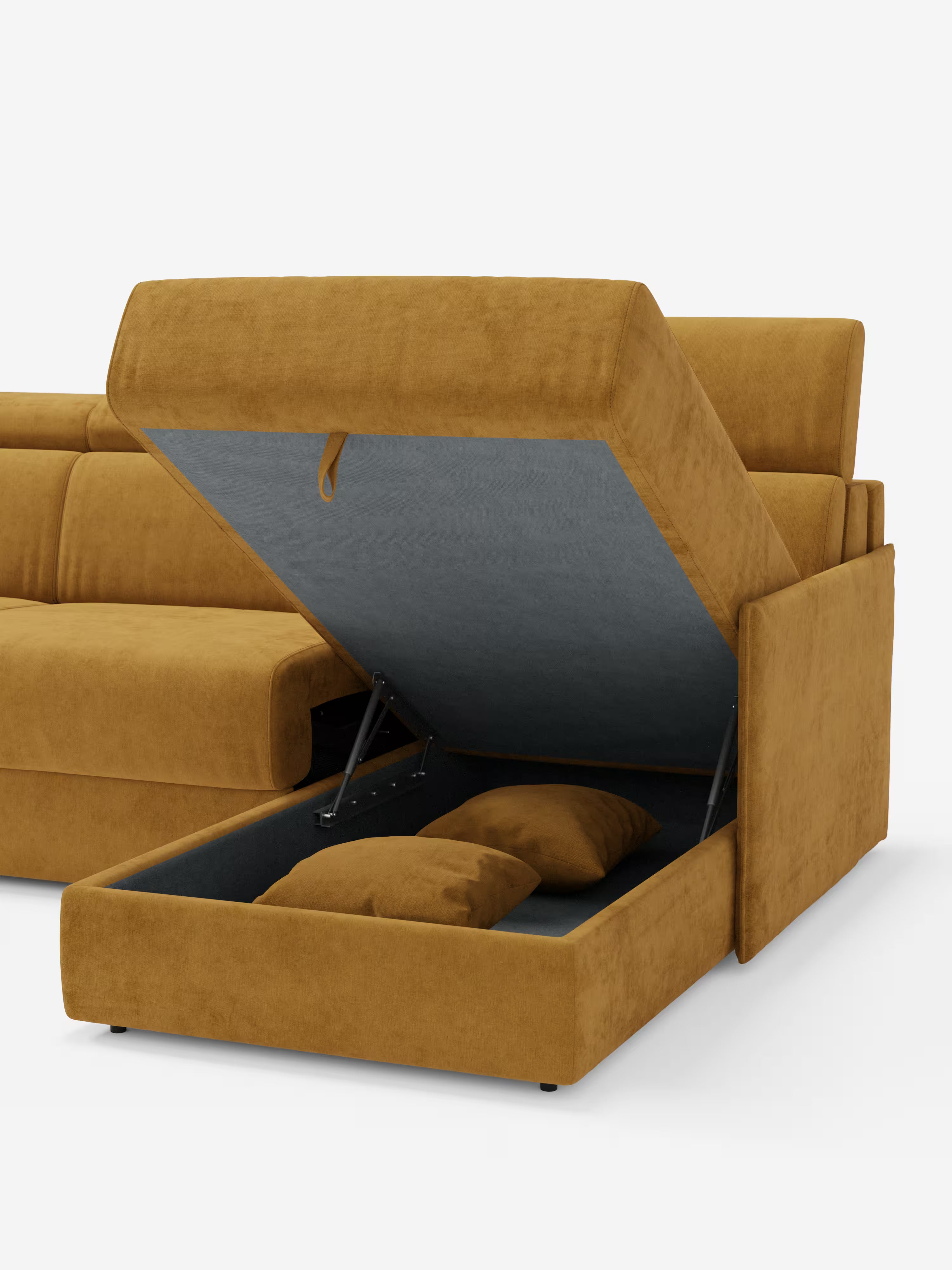 Miryam sofá cama esquinero compacto - reposacabezas reclinables y chaise longue con almacenaje en tejido antimanchas T31