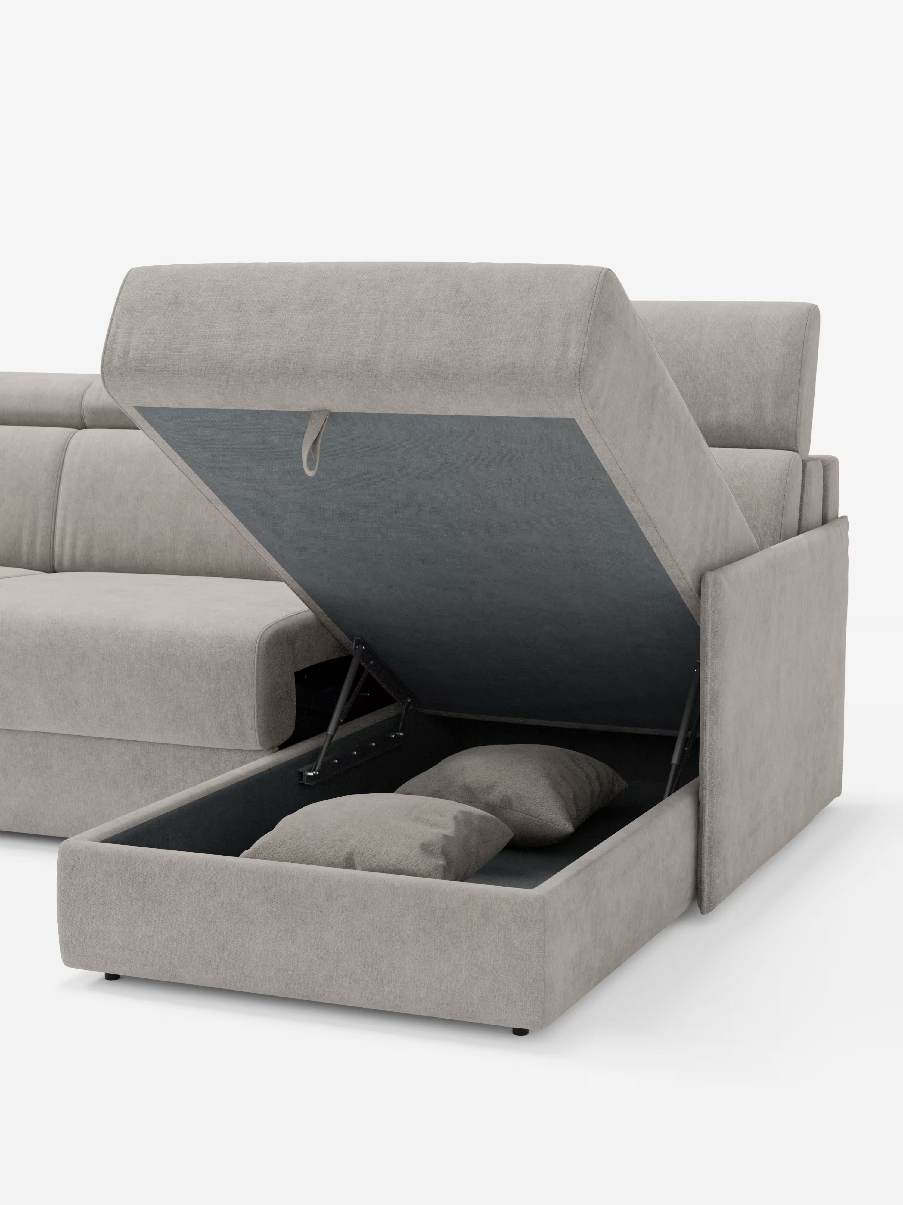 Miryam sofá cama esquinero compacto - reposacabezas reclinables y chaise longue con almacenaje en tejido antimanchas T31