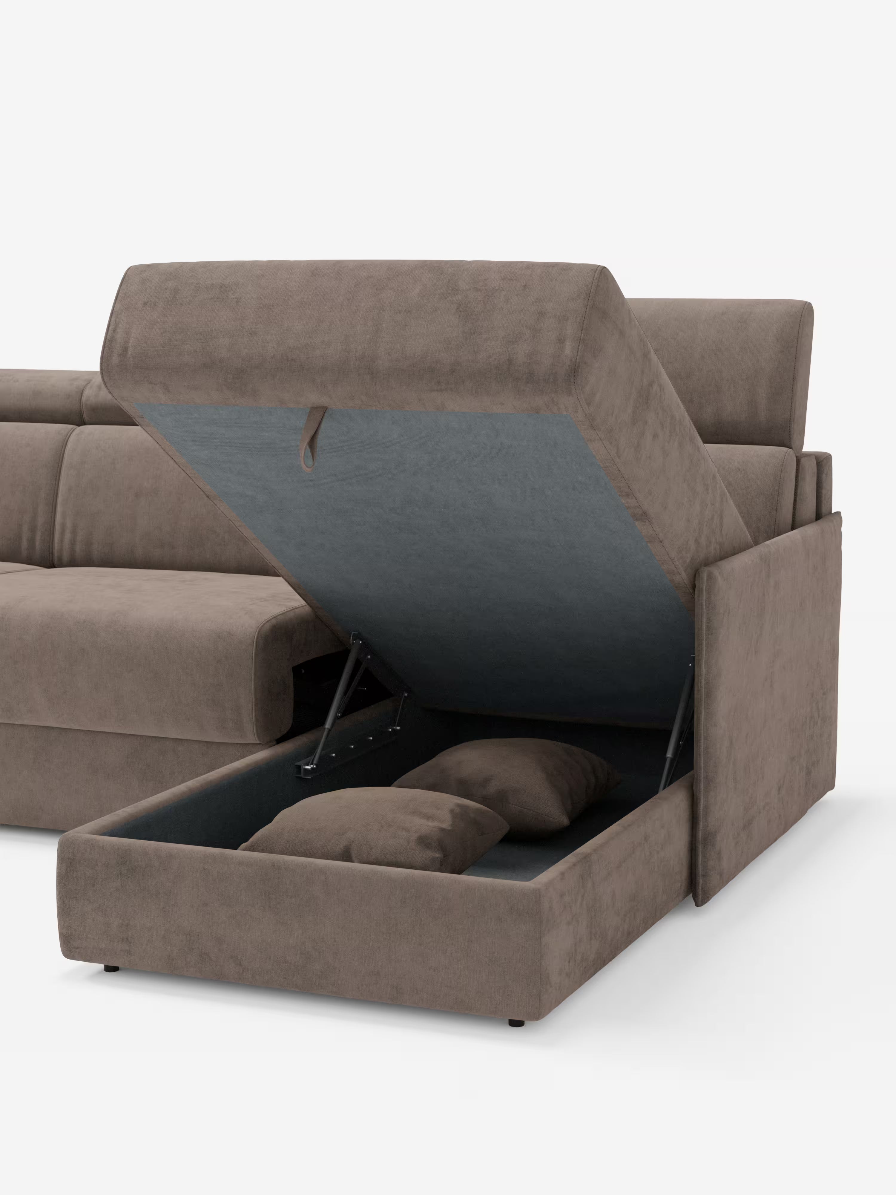 Miryam sofá cama esquinero compacto - reposacabezas reclinables y chaise longue con almacenaje en tejido antimanchas T31