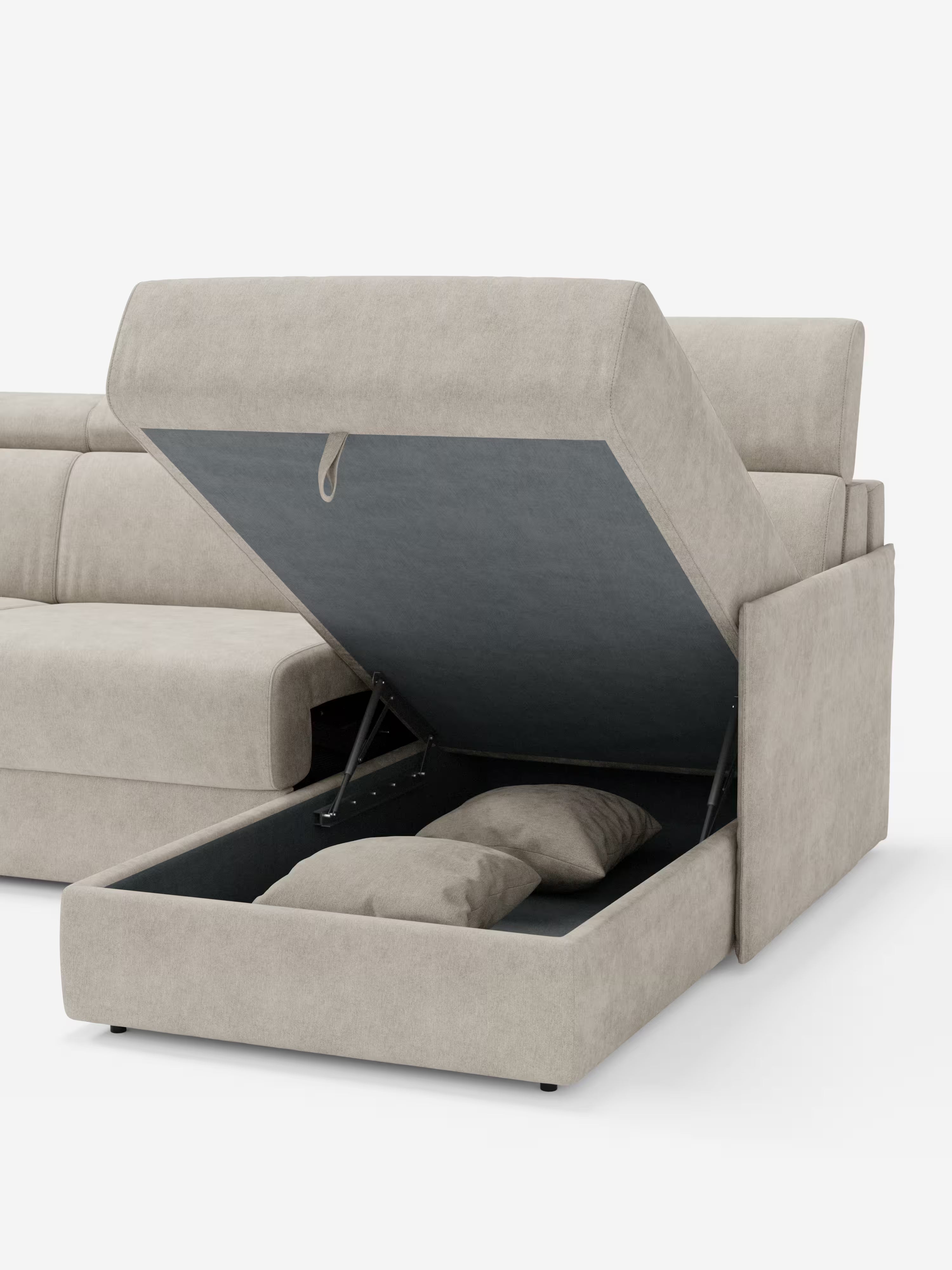 Miryam sofá cama esquinero compacto - reposacabezas reclinables y chaise longue con almacenaje en tejido antimanchas T31