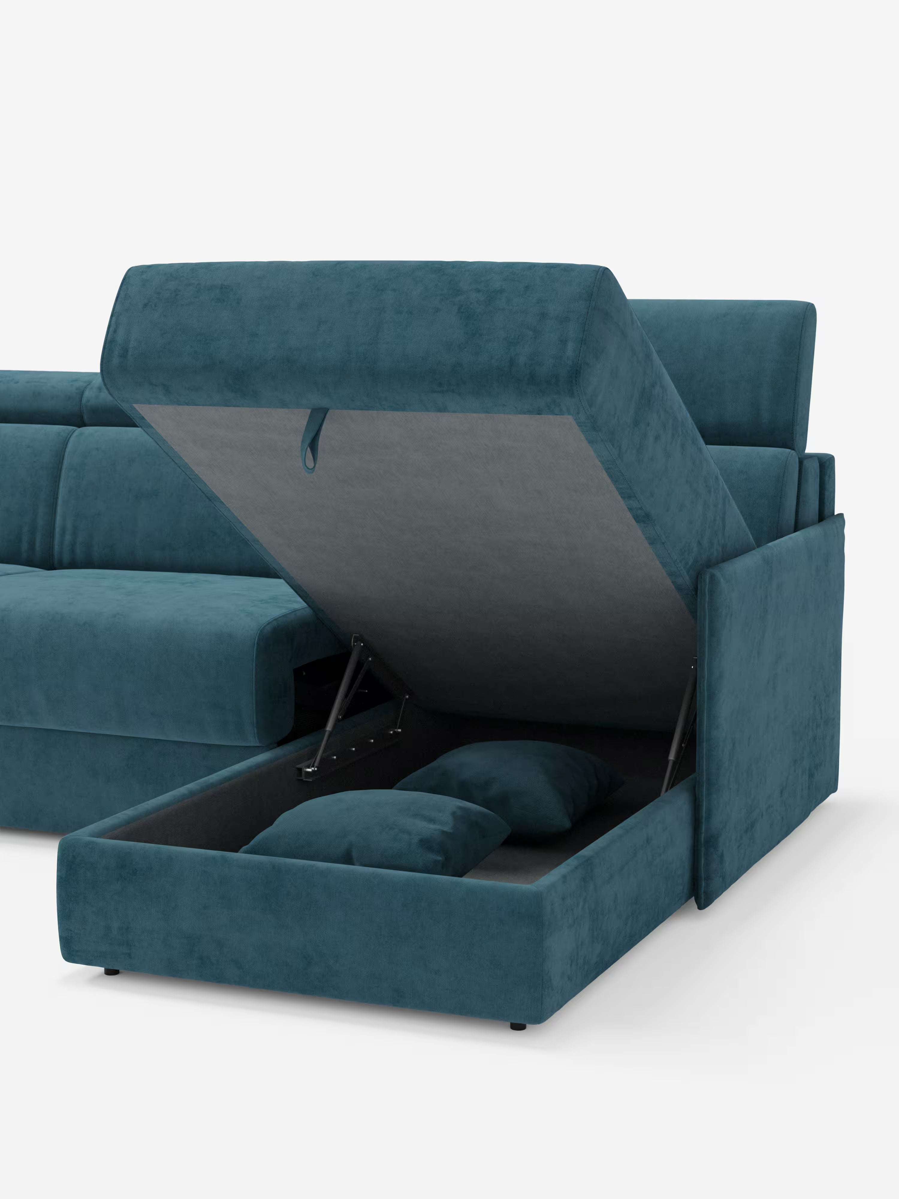 Miryam sofá cama esquinero compacto - reposacabezas reclinables y chaise longue con almacenaje en tejido antimanchas T31