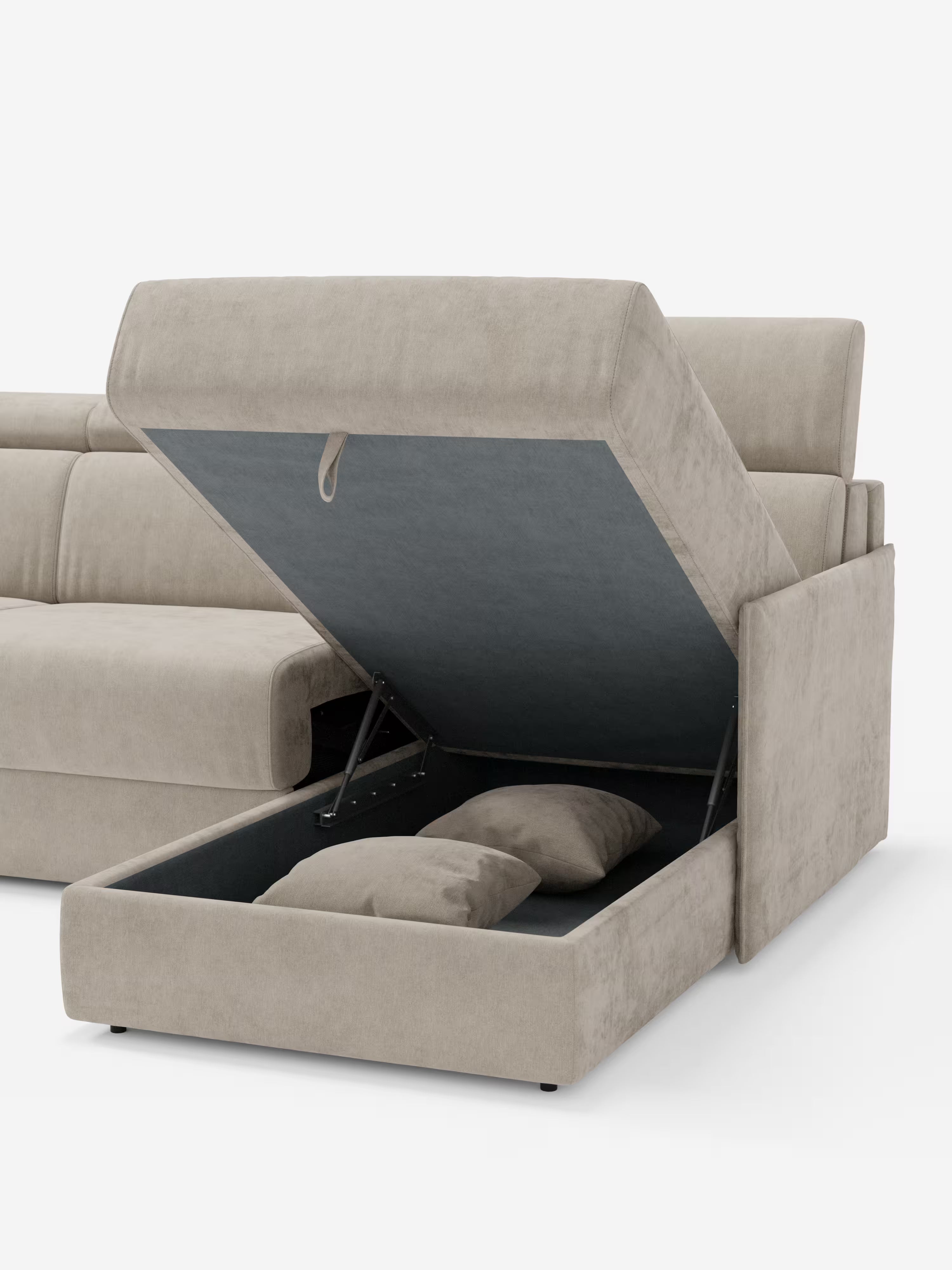 Miryam sofá cama esquinero compacto - reposacabezas reclinables y chaise longue con almacenaje en tejido antimanchas T31