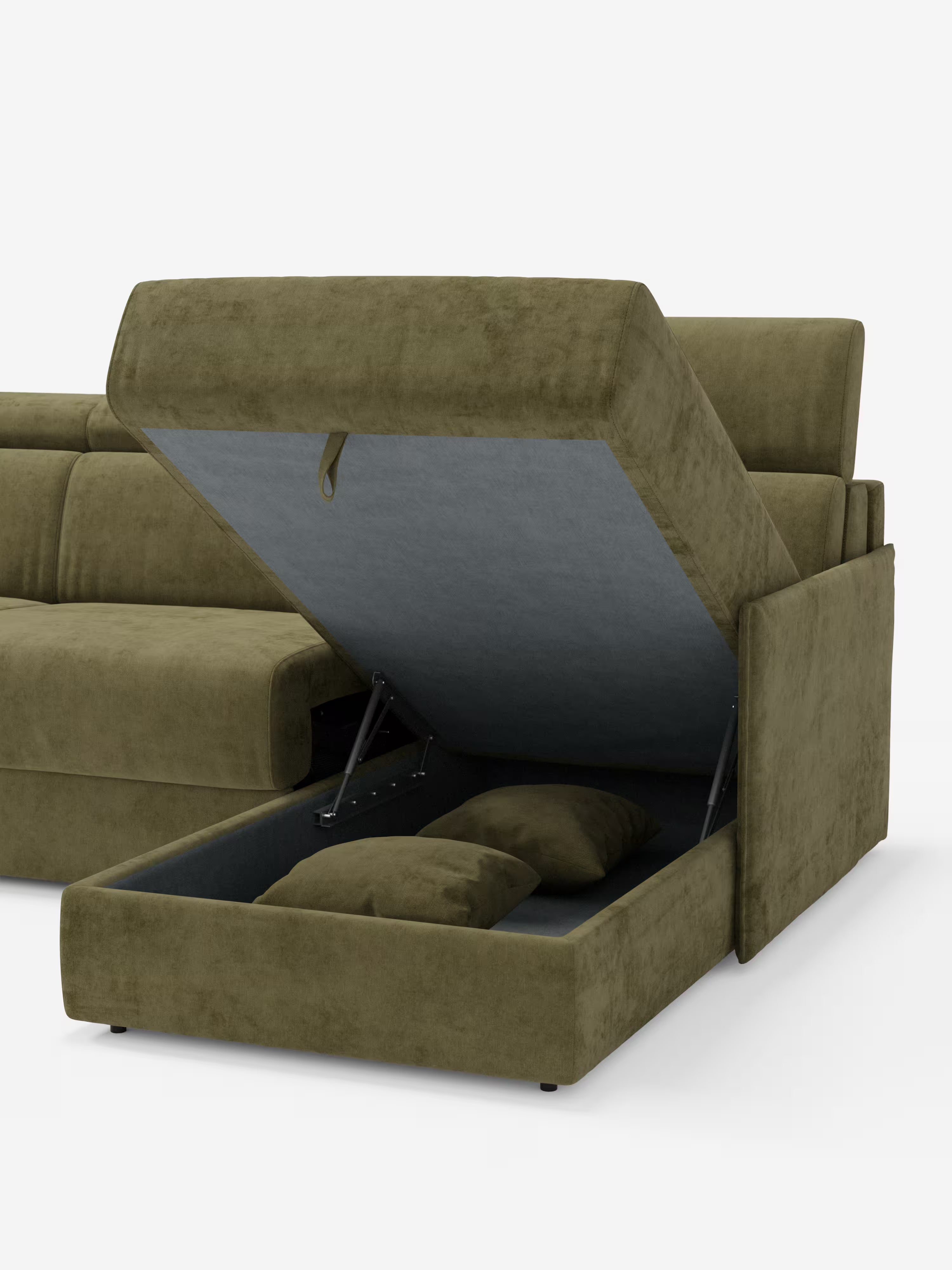 Miryam sofá cama esquinero compacto - reposacabezas reclinables y chaise longue con almacenaje en tejido antimanchas T31