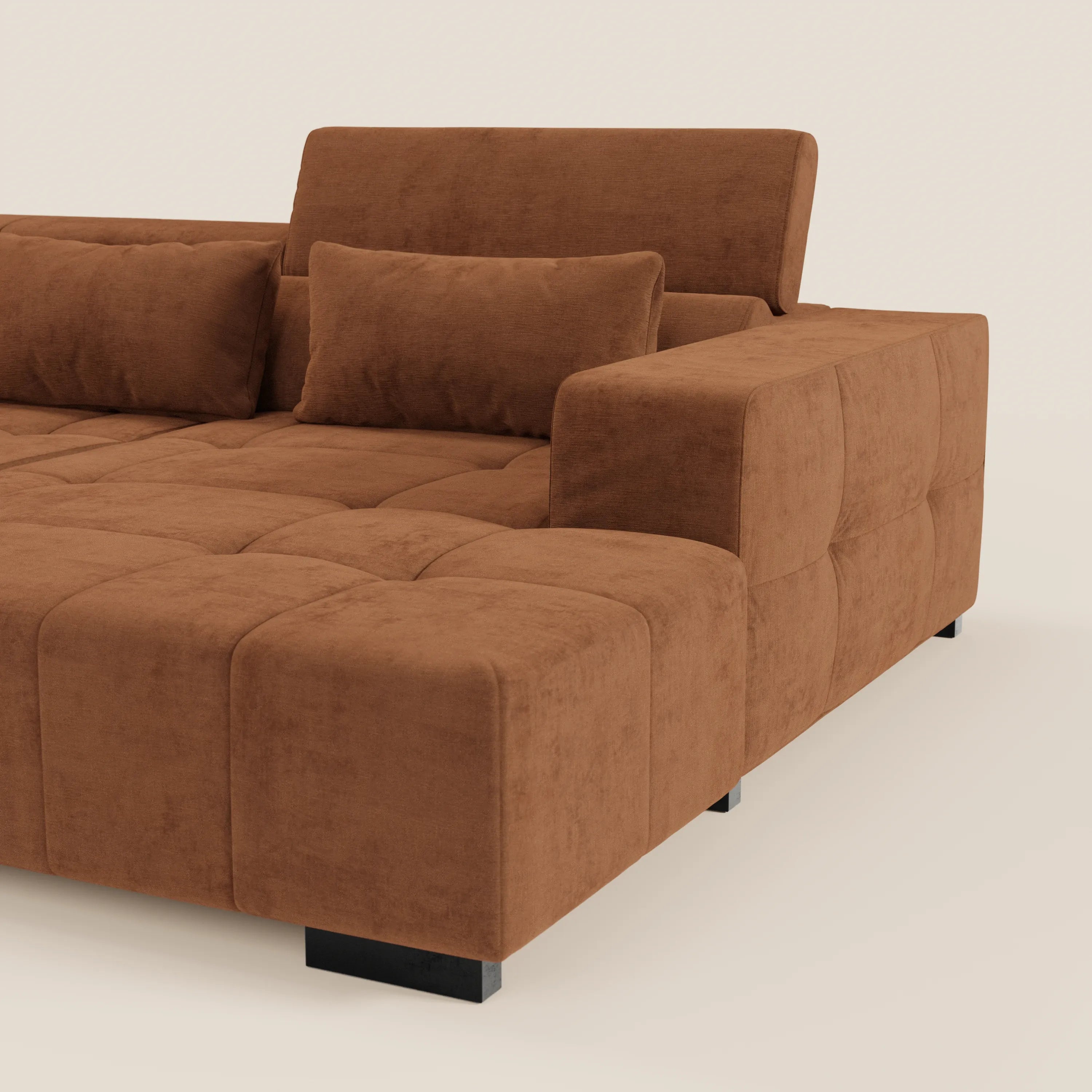 Monarch Divano angolare con penisola e Relax Elettrico per allungamento sedute - Poggiatesta Reclinabili in tessuto morbido smacchiabile T31 - divani.store