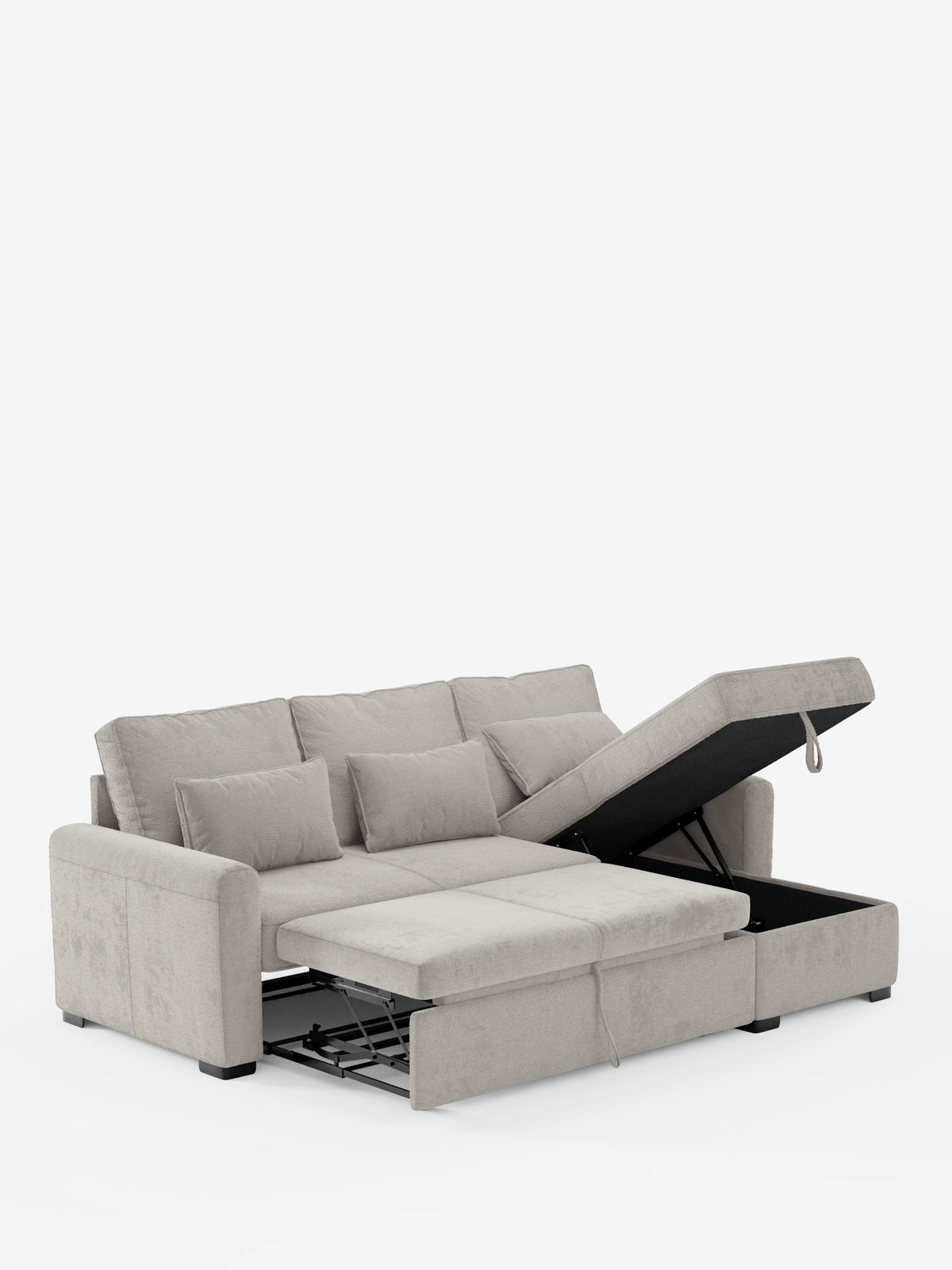 Un divano letto Ottaviano grigio chiaro con estraibile - penisola reversibile e contenitore in tessuto materico smacchiabile su sfondo bianco, dotato di vano contenitore sollevabile, estrazione e tre cuscini dello schienale.