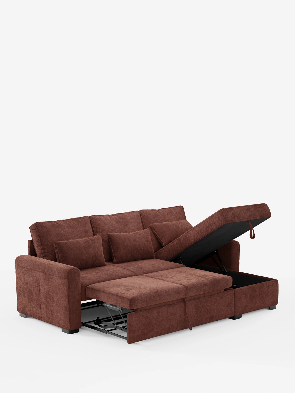 Il divano letto Ottaviano con letto estraibile – penisola reversibile e contenitore in tessuto materico smacchiabile è un divano componibile marrone dalla trama ruvida, raffigurato con la chaise longue con contenitore sollevata e la struttura del letto estraibile estesa.