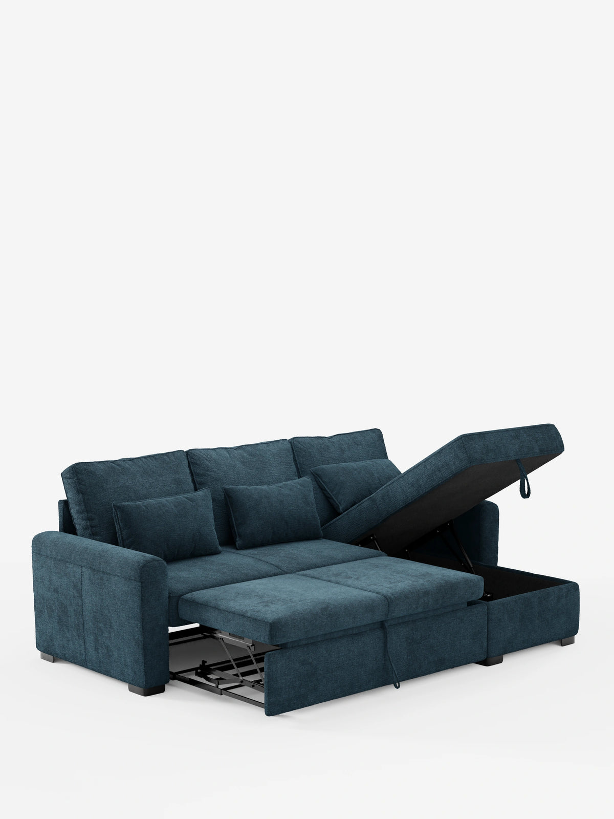 Un divano letto Ottaviano blu scuro con letto estraibile, penisola reversibile e contenitore in tessuto materico smacchiabile, dotato di base letto estensibile, chaise longue con contenitore e tre cuscini decorativi coordinati.