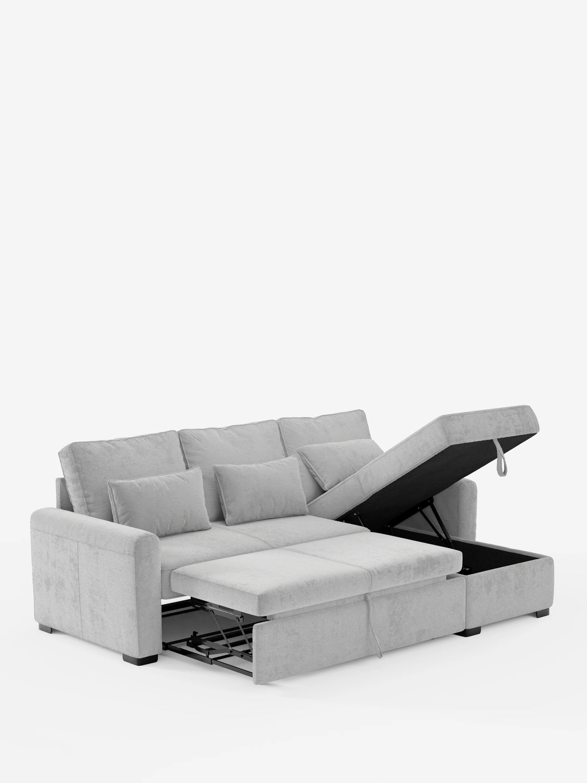 Il divano letto Ottaviano con letto estraibile - penisola reversibile e contenitore in tessuto materico smacchiabile è un divano componibile grigio chiaro dotato di letto estraibile, chaise longue con contenitore, tre cuscini dello schienale, due cuscini decorativi e piedini a blocco scuri.