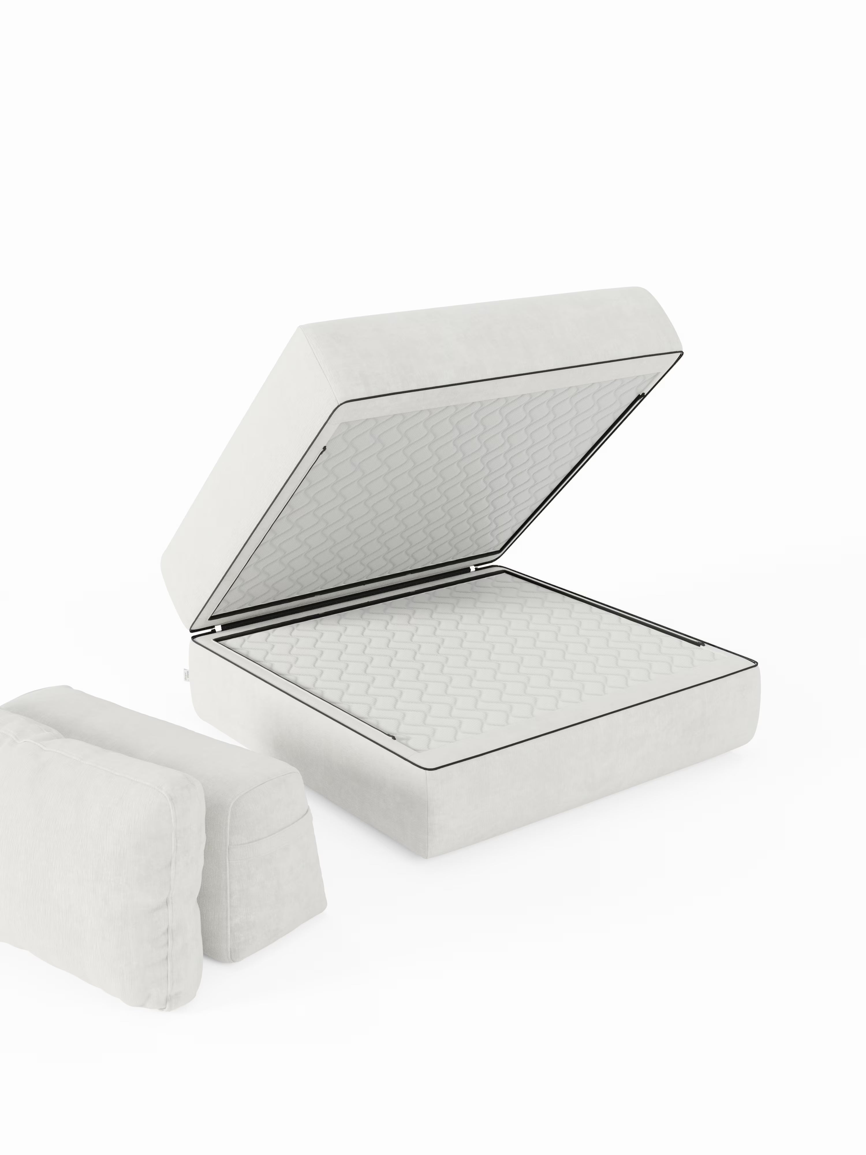 La poltrona letto bianca Rift di Divani.Store è dotata di un materasso in memory foam alto 22 cm, che si solleva senza soluzione di continuità per rivelare un ampio vano contenitore sotto il letto. Il coperchio, sostenuto in diagonale, mette in risalto la superficie trapuntata del materasso, mentre a sinistra una testiera imbottita mobile e staccabile, realizzata in tessuto T31 resistente alle macchie, offre comfort e versatilità elegante, ideale per valorizzare l’arredamento della vostra camera da letto.
