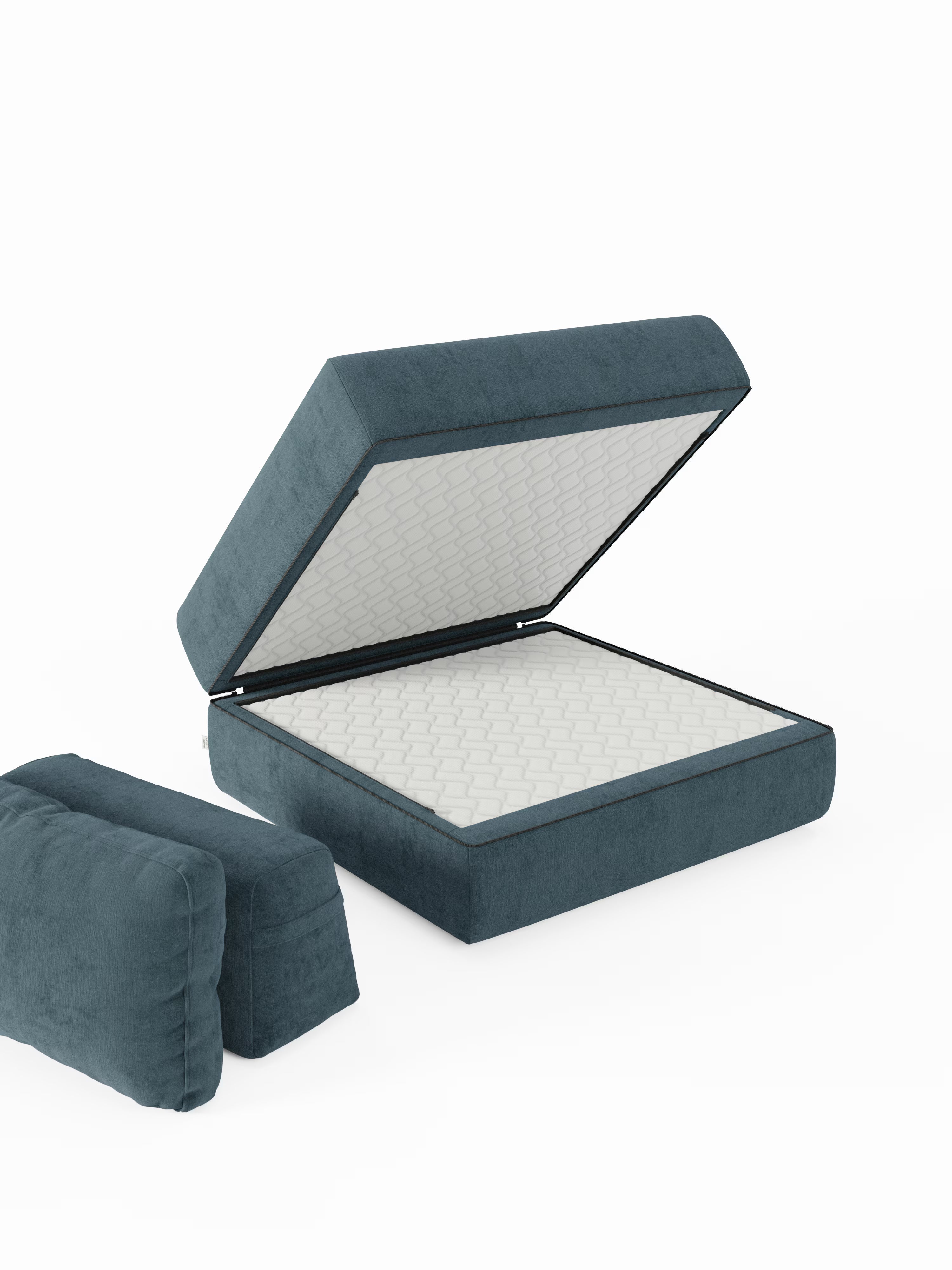 La poltrona letto Rift di Divani.Store è caratterizzata da un rivestimento in tessuto T31 color verde acqua scuro, resistente alle macchie, e da uno schienale orientabile. La parte superiore si solleva per rivelare un ampio vano portaoggetti rivestito con un elegante tessuto bianco a motivo a traliccio. Accompagnata da due cuscini coordinati, questa poltrona letto con materasso alto 22 cm in memory foam esalta lo stile sofisticato del modello Rift.