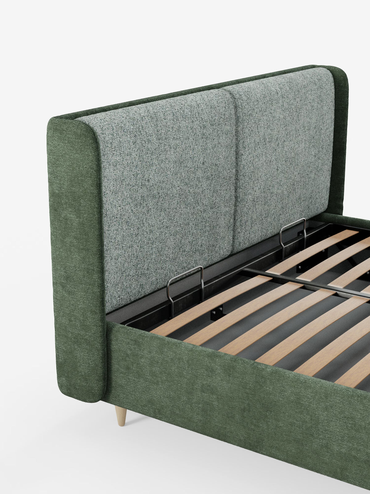 Ecco una frase rielaborata utilizzando i dati del prodotto forniti: Il letto imbottito bicolore con vano contenitore VALKIRIA di Letti.store presenta un design moderno e minimalista, caratterizzato da un’alta testiera imbottita dalla linea curva e avvolgente e da due pannelli grigi con finitura testurizzata. Questo elegante telaio del letto presenta doghe in legno a vista con robusti supporti in metallo ed è completato da gambe affusolate in legno chiaro. Lo sfondo è bianco liscio.