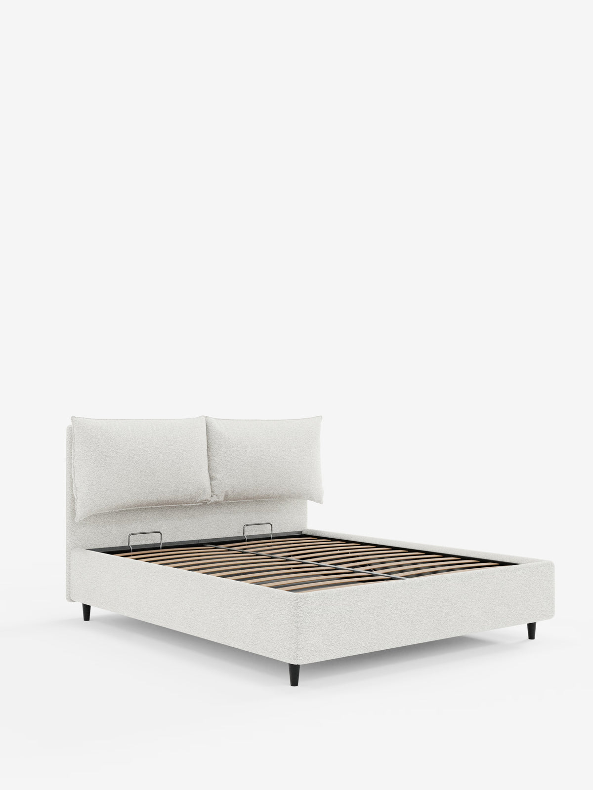 Un moderno letto matrimoniale di Letti.store, il modello ZAYRON, letto imbottito con contenitore e morbidi cuscini regolabili, presenta una testiera in tessuto grigio chiaro certificato Oeko-Tex® con due morbide sezioni imbottite regolabili. Sostenuto da doghe in legno e da corte gambe nere e incorniciato da uno sfondo bianco, questo elegante letto offre un comfort superiore e uno stile contemporaneo per qualsiasi camera da letto.