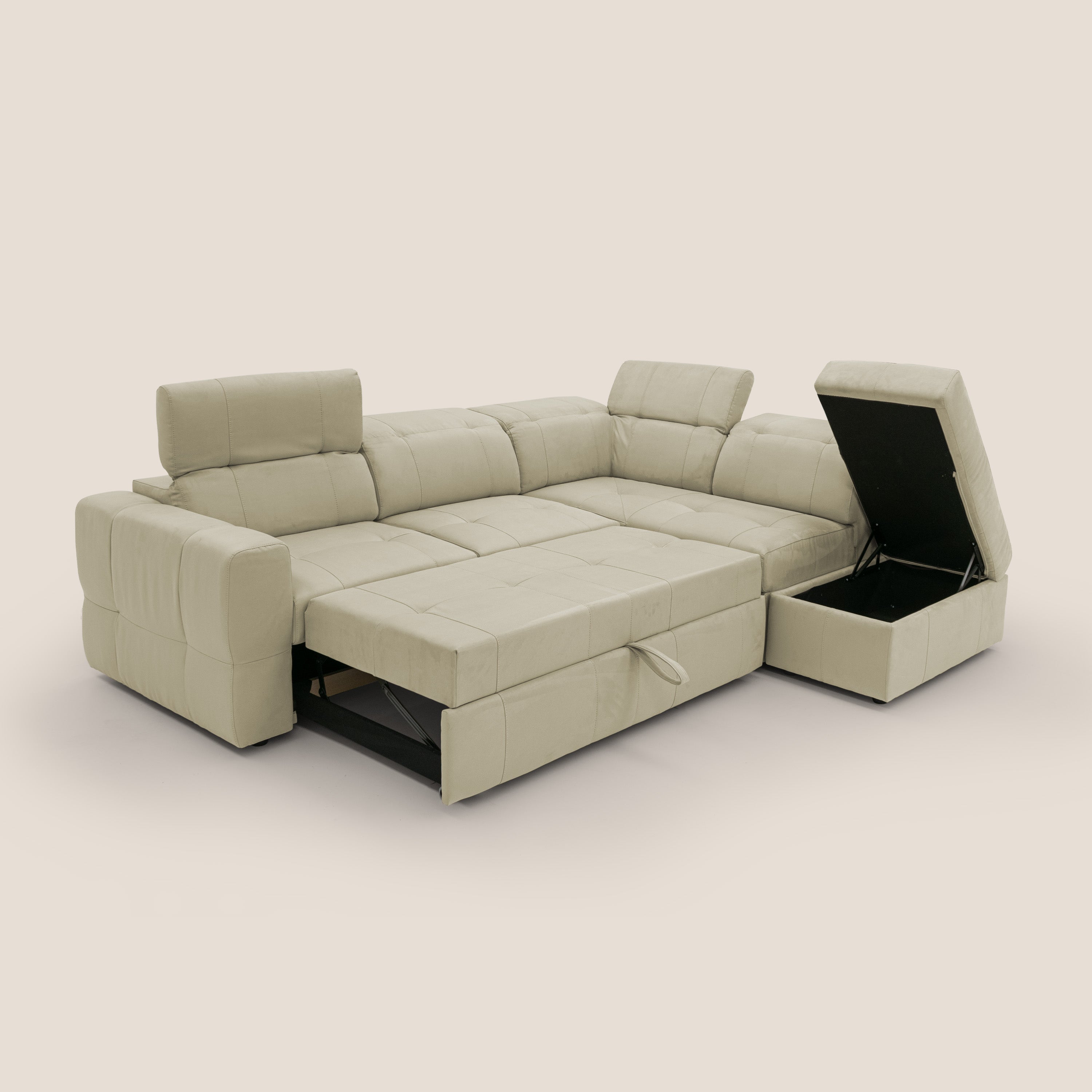 Kronos Divano angolare con poggiapiedi estraibile e pouf contenitore mobile in microfibra impermeabile T11 beige - divani.store