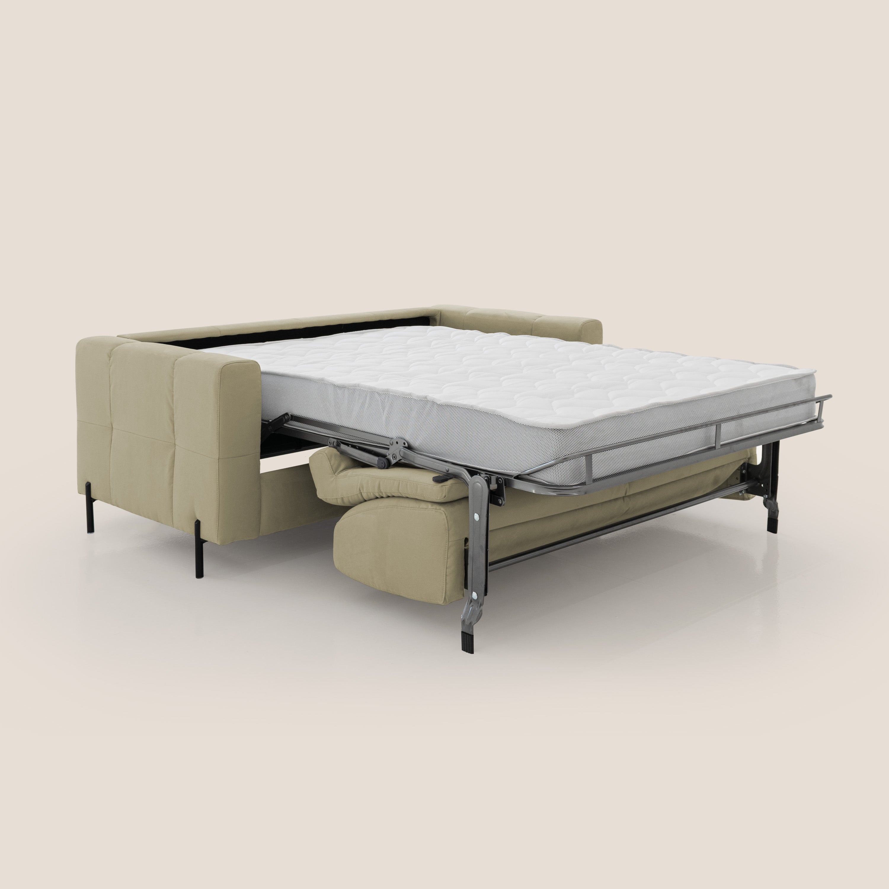 Ortensia divano letto materasso H18 cm con piedi alti in elegante microfibra smacchiabile T11 beige - divani.store