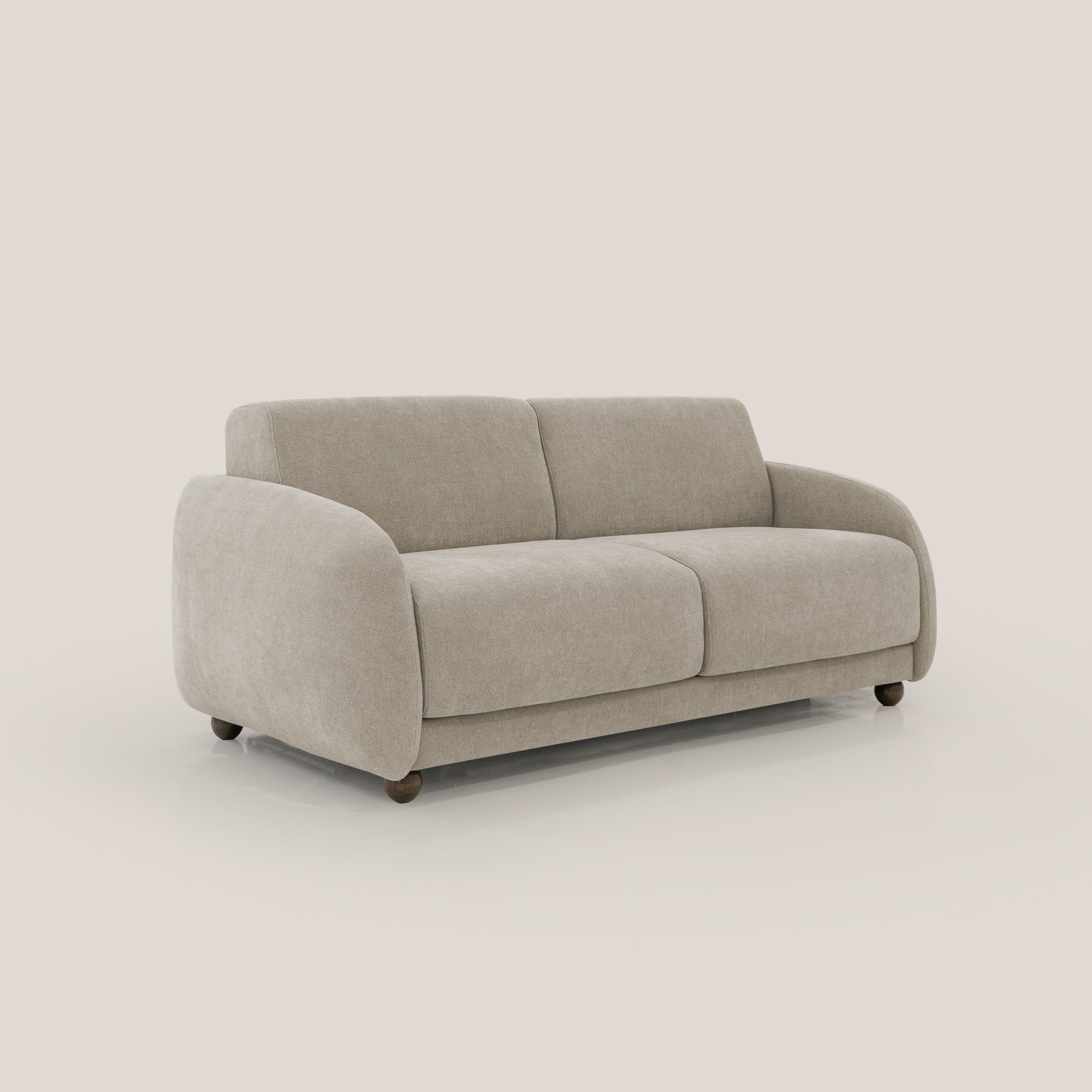 Giglio divano letto scandinavo japandi con materasso H18 cm in tessuto Bouclé impermeabile T07 beige - divani.store