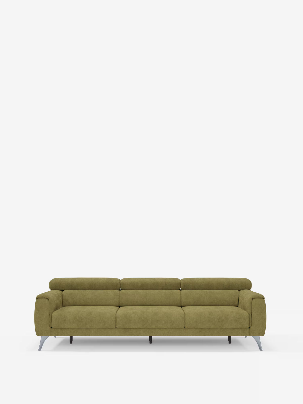 Vi presentiamo il divano Caravaggio a 4 posti con tre sedute scorrevoli di Divani.Store: un divano moderno color verde oliva dotato di tre cuscini di seduta, schienali imbottiti con poggiatesta reclinabili e braccioli bassi e arrotondati. Questo elegante divano moderno è realizzato in tessuto T31 di facile pulizia, è dotato di sottili gambe in metallo e sedute scorrevoli, unendo stile e funzionalità, il tutto messo in risalto da uno sfondo bianco a tinta unita.