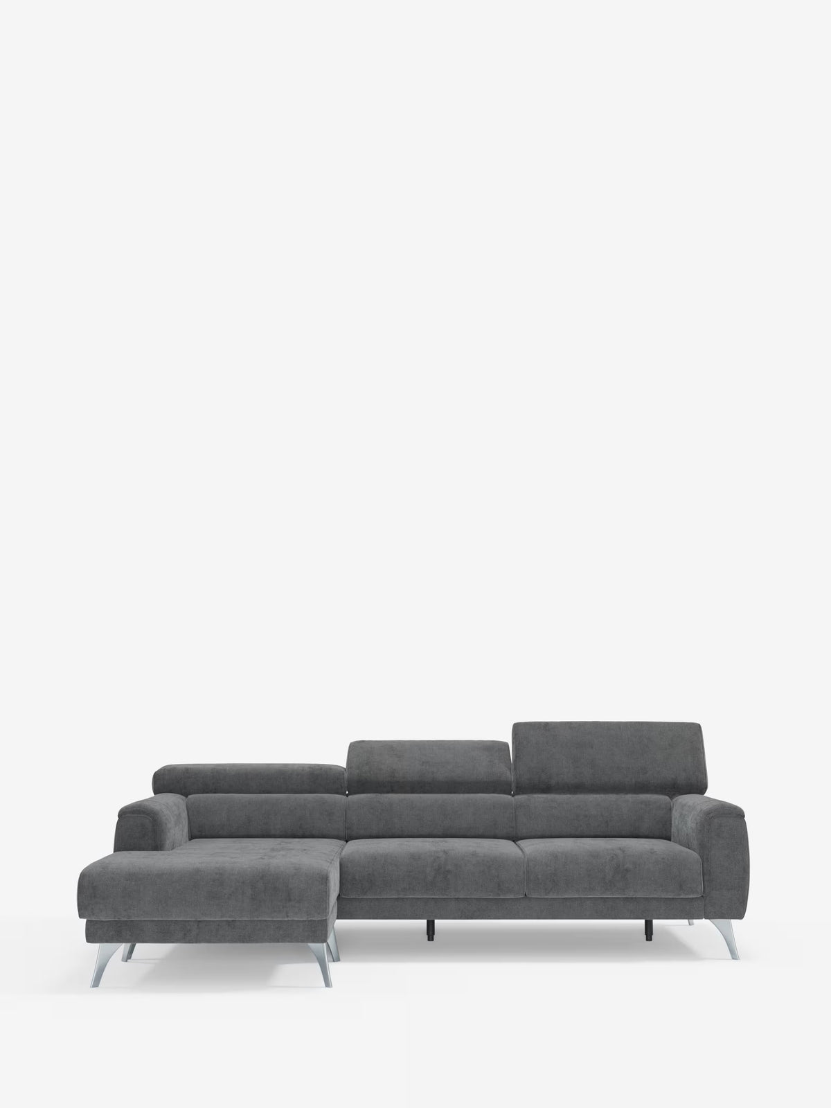 Il divano angolare Caravaggio con penisola e sedute scorrevoli in tessuto smacchiabile T31 di Divani.Store è un moderno divano componibile grigio con chaise longue a forma di L sulla sinistra, morbidi cuscini ed eleganti gambe in metallo. Il suo design minimalista è caratterizzato da pratiche sedute scorrevoli che garantiscono un comfort superiore, rendendolo la scelta perfetta per i salotti contemporanei. Il divano è presentato su uno sfondo bianco a tinta unita.