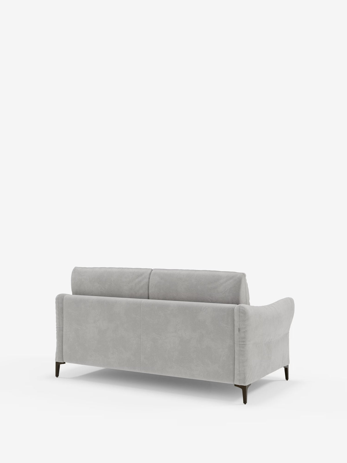 Il divano letto Dalia di Divani.Store, in grigio chiaro, con un rivestimento moderno in vellutino T30 resistente alle macchie, è ripreso da dietro. Disponibile nelle versioni a 2, 3 o 4 posti con materasso H18, presenta uno schienale curvo e braccioli leggermente arrotondati, con gambe sottili e scure e un design elegante di ispirazione scandinava su uno sfondo bianco a tinta unita.