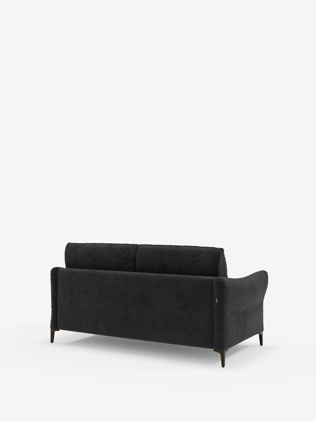 Un divano letto Dalia dal design elegante e contemporaneo, disponibile nelle versioni a 2, 3 e 4 posti con materasso H18 di Divani.Store, è ripreso di retro su uno sfondo bianco a tinta unita. Rivestito con il moderno tessuto vellutino T30, resistente alle macchie, questo divano letto presenta morbidi cuscini, braccioli leggermente ricurvi e sottili gambe in legno scuro, che gli conferiscono un aspetto minimalista ma elegante.
