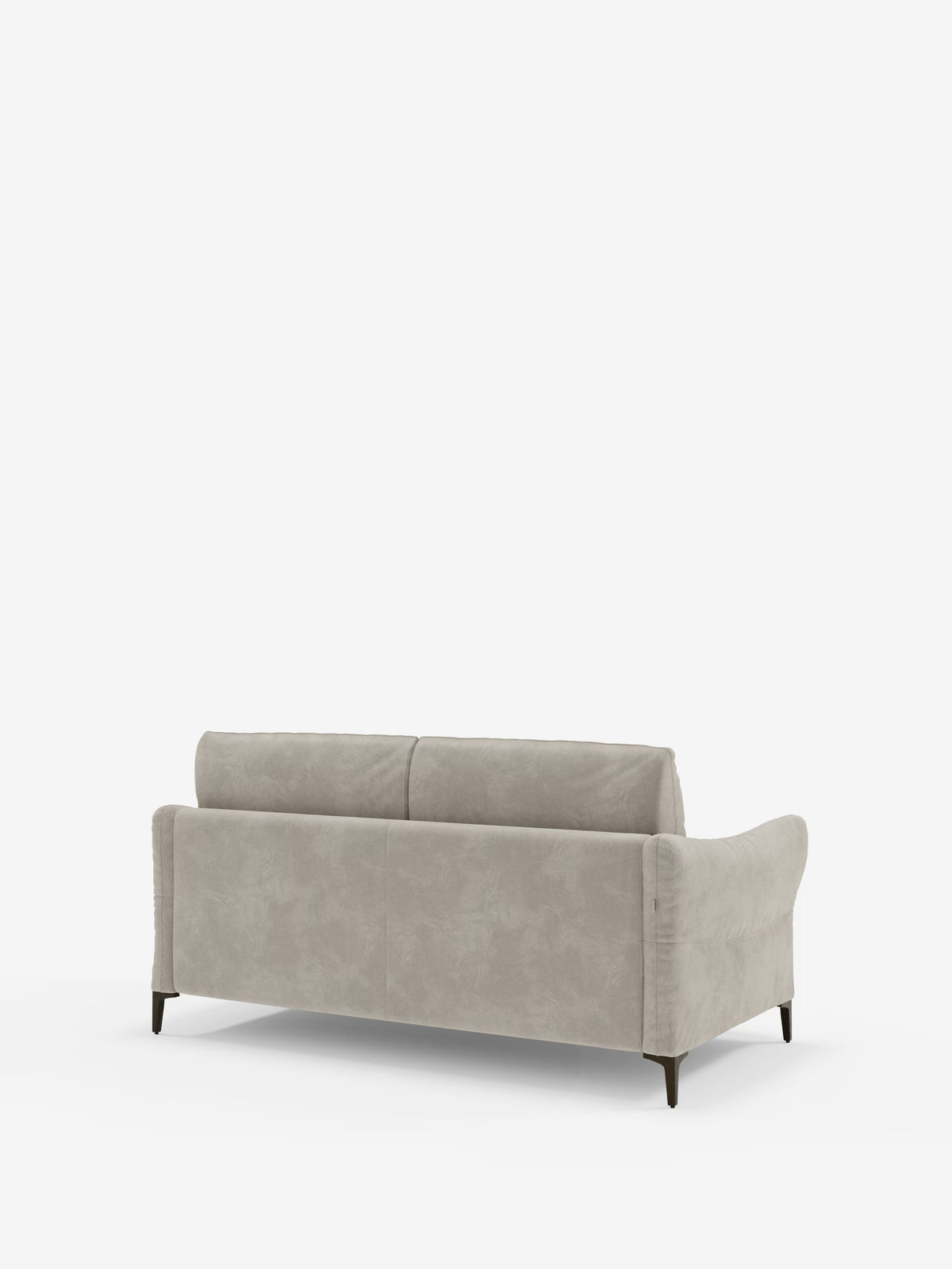 Un divano letto Dalia grigio chiaro a 2, 3 e 4 posti con materasso H18, realizzato in moderno tessuto vellutino smacchiabile T30 di Divani.Store, è raffigurato di retro su uno sfondo bianco. Presenta uno schienale dritto, braccioli leggermente ricurvi e gambe corte e scure. Il design moderno e minimalista, privo di cuscini a vista o dettagli decorativi, lo rende un comodo divano letto ideale per valorizzare qualsiasi ambiente contemporaneo.