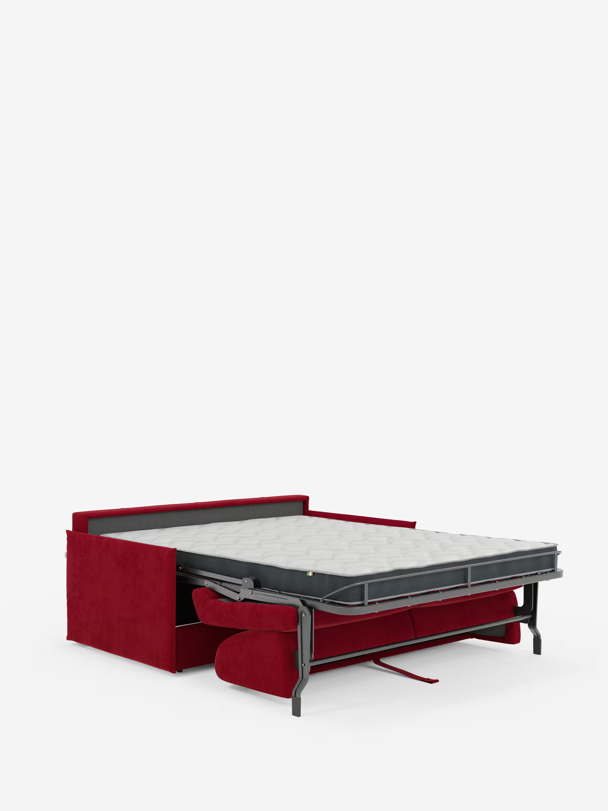 Il divano letto matrimoniale sfoderabile Evans di Divani.Store è presentato in rosso e presenta un design compatto con una struttura metallica ribaltabile e un materasso grande estensibile che mette in evidenza il meccanismo del letto. I braccioli e la base sono rivestiti in tessuto rosso T23 smacchiabile, che risalta sullo sfondo bianco a tinta unita.