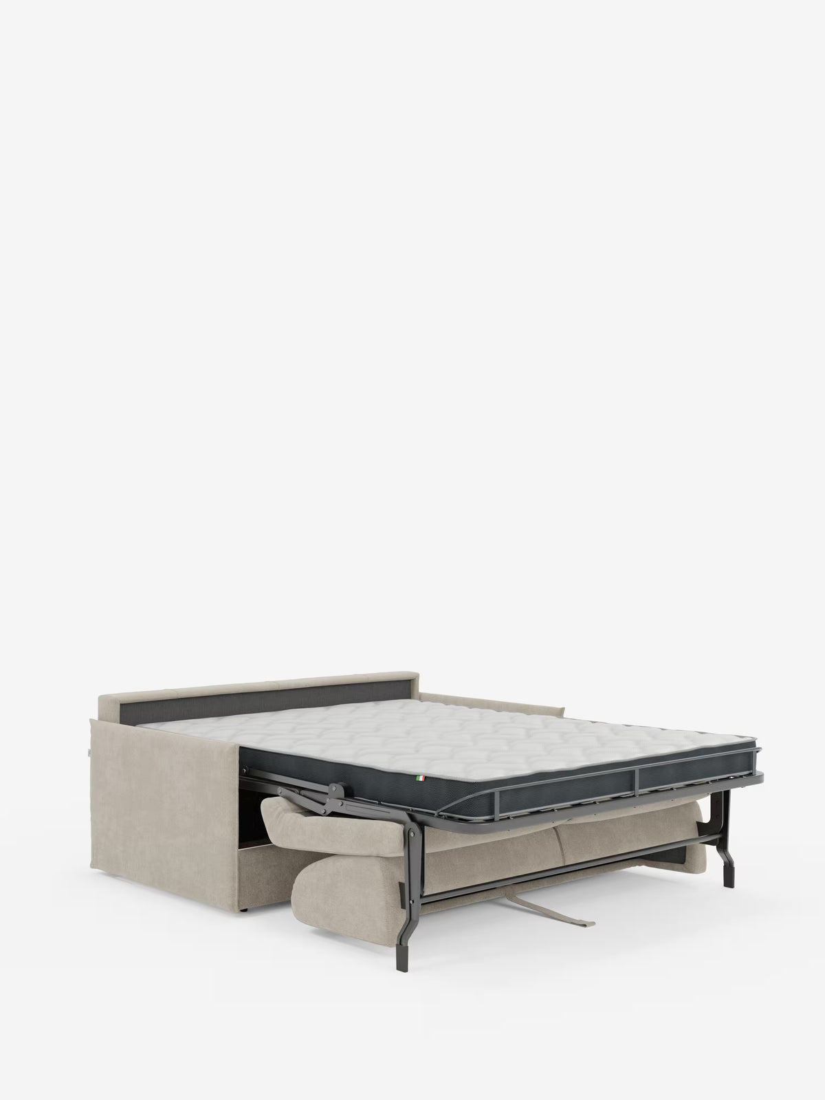 Un divano letto matrimoniale sfoderabile Evans di colore grigio chiaro, disponibile su Divani.Store, è raffigurato nella posizione distesa: presenta un materasso di grandi dimensioni, gambe di sostegno in metallo nero, una testiera imbottita sul retro e un design moderno e minimalista con struttura compatta e vano porta-cuscini integrato, il tutto su uno sfondo bianco a tinta unita. Il rivestimento è realizzato in tessuto T23 di facile pulizia.