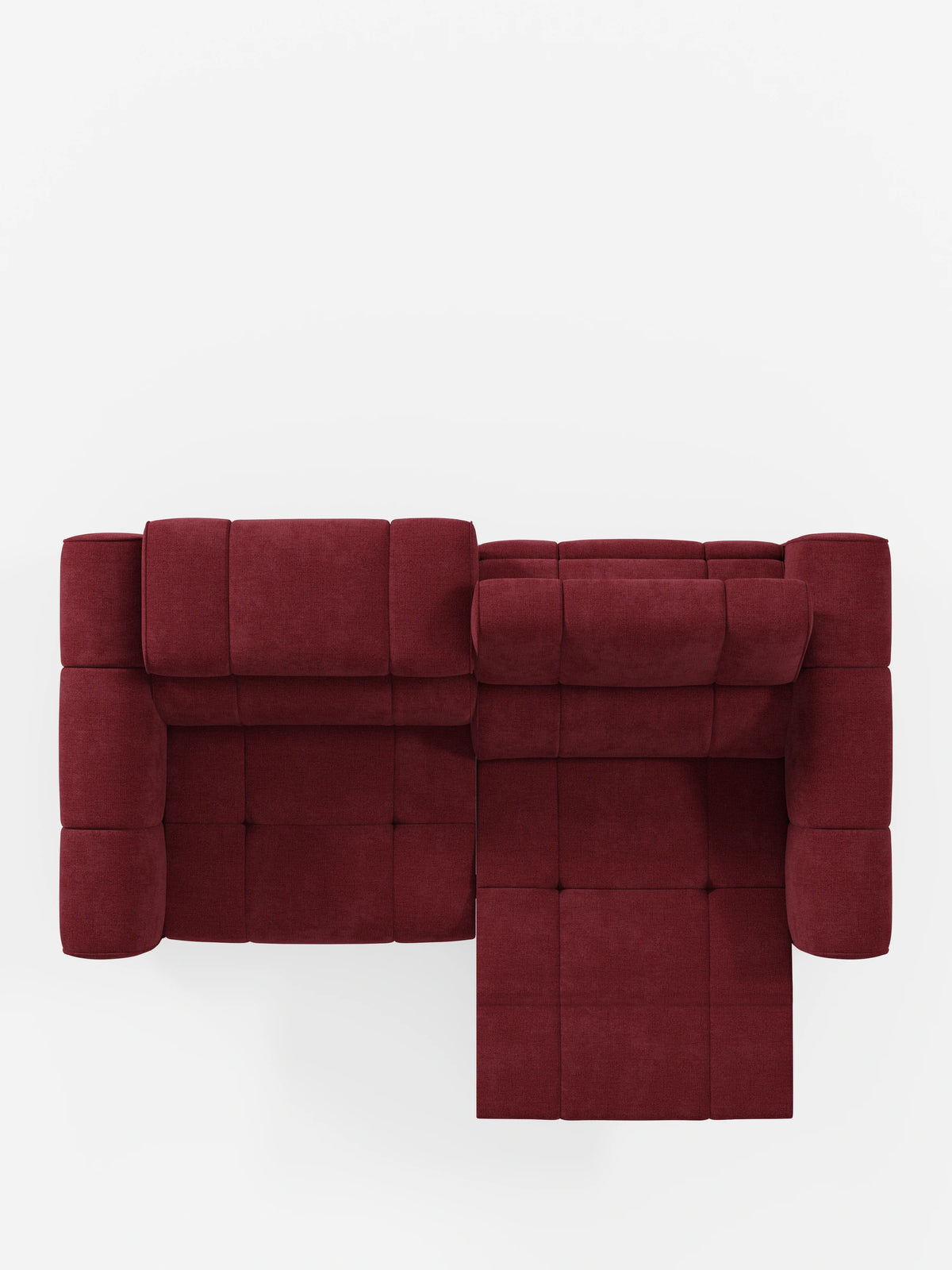 Vista dall'alto di un divano modulare Giotto a 3 posti di colore rosso scuro, con poggiatesta reclinabili e funzione relax elettrica opzionale, rivestito in tessuto smacchiabile T23 su sfondo bianco, caratterizzato da una seduta allungata e da dettagli orizzontali sugli schienali.