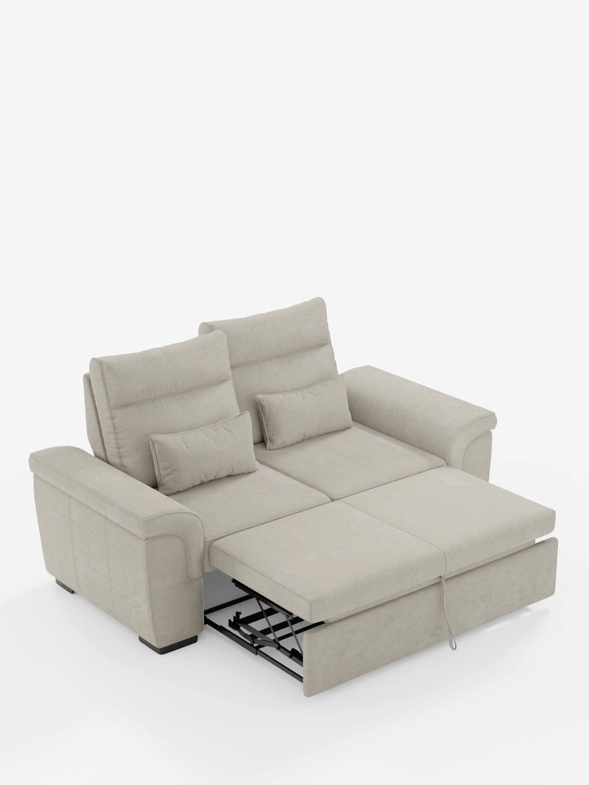 Un divano a 3 posti Ischia con pouf estraibile e schienali regolabili in tessuto misto lino antimacchia di Divani.Store, dotato di poggiapiedi estraibile, due schienali regolabili e due cuscini coordinati in tessuto testurizzato beige chiaro.