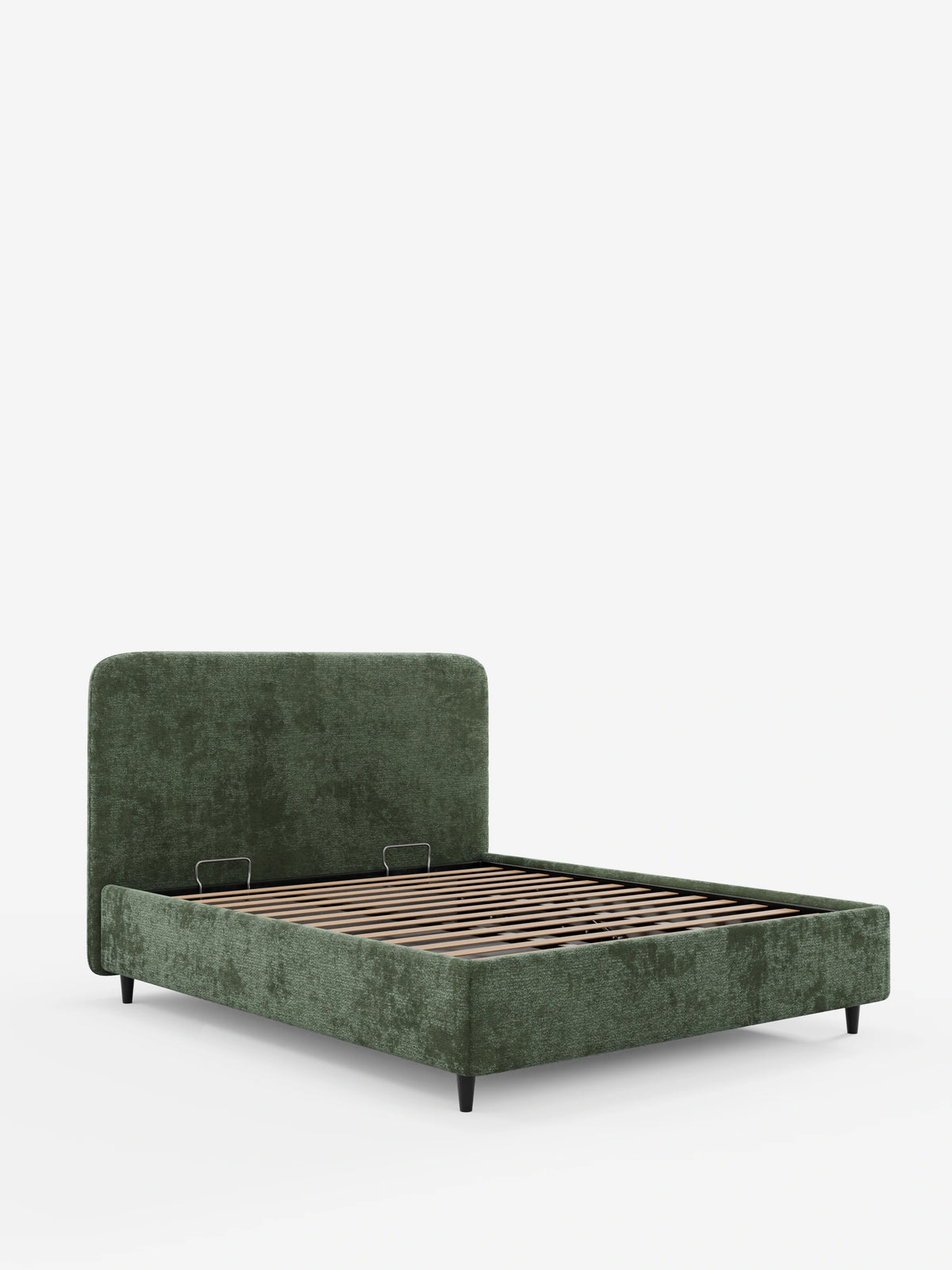 KAELOS, letto imbottito in stile minimal in ciniglia verde oliva con testiera arrotondata, gambe alte nere e base a doghe in legno a vista per questa camera da letto.