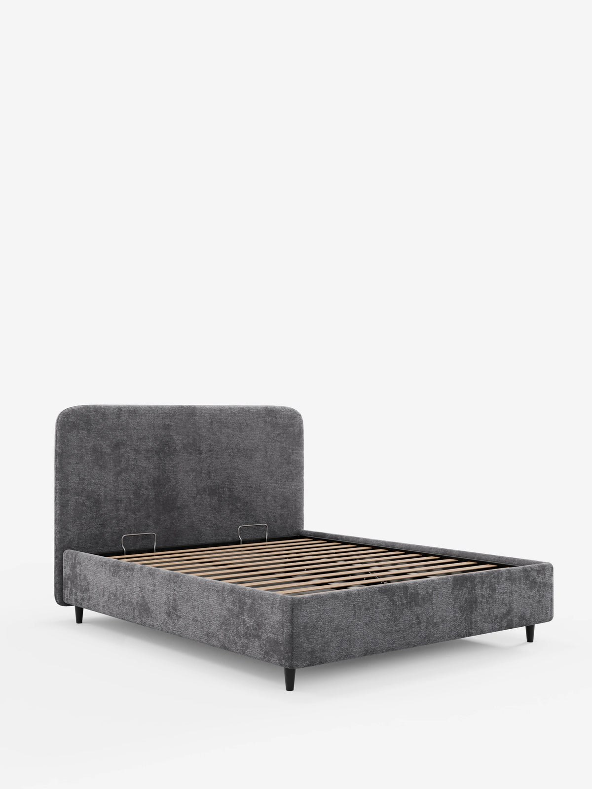 KAELOS, letto imbottito in stile minimalista realizzato in tessuto testurizzato grigio scuro, con testiera arrotondata, piedini alti affusolati di colore scuro e base a doghe in legno a vista, raffigurato su uno sfondo bianco a tinta unita.