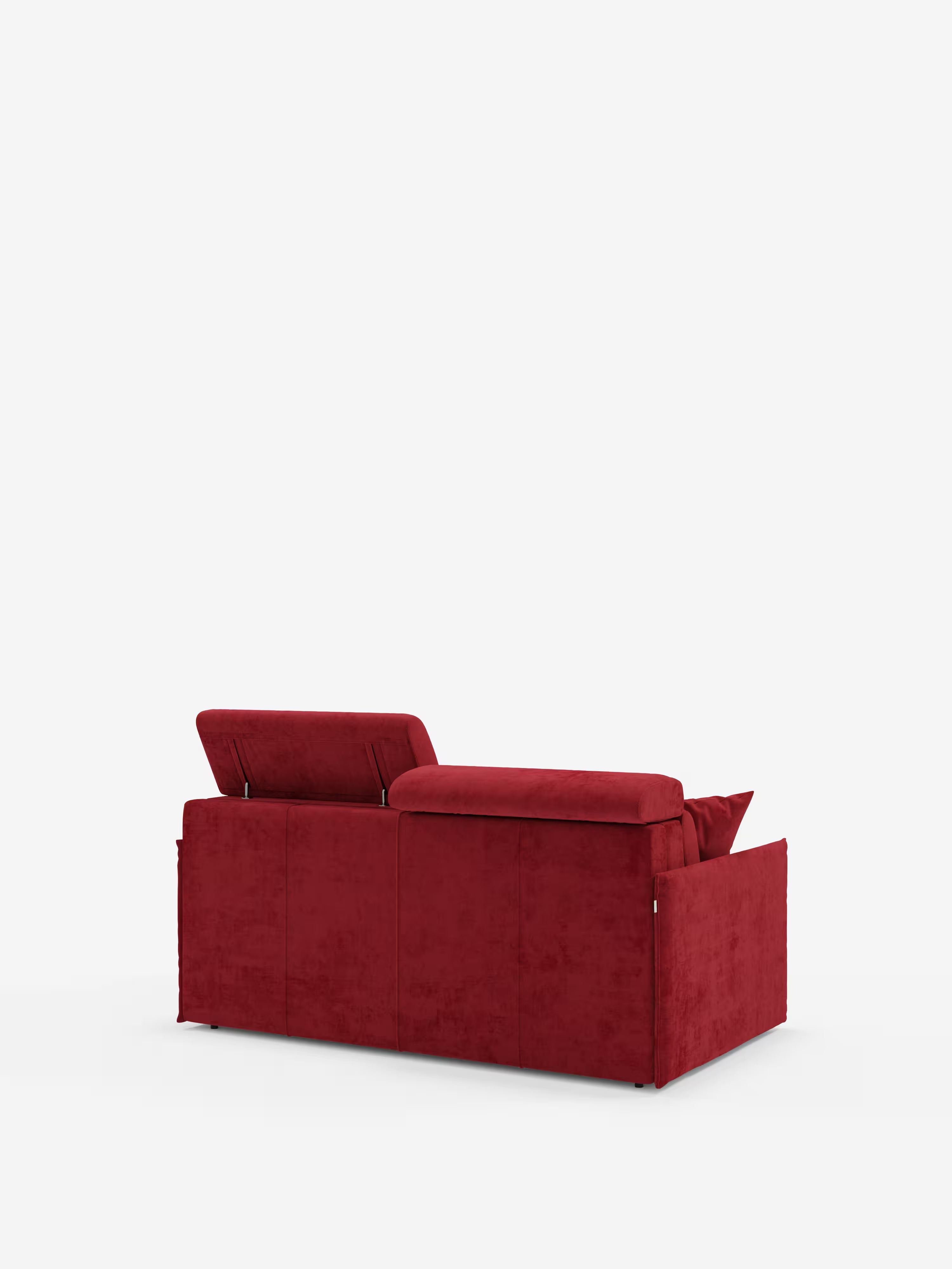 Il divano letto Miryam con poggiatesta reclinabili e comfort maxi di Divani.Store è raffigurato di spalle, su uno sfondo bianco neutro. Questo divano, dal design compatto realizzato in morbido tessuto smacchiabile T31, presenta linee pulite e una forma rettangolare che rispecchiano uno stile minimalista contemporaneo. Uno dei poggiatesta reclinabili è sollevato mentre l’altro è abbassato, mettendo in evidenza la possibilità di personalizzare il comfort in base alle proprie esigenze.